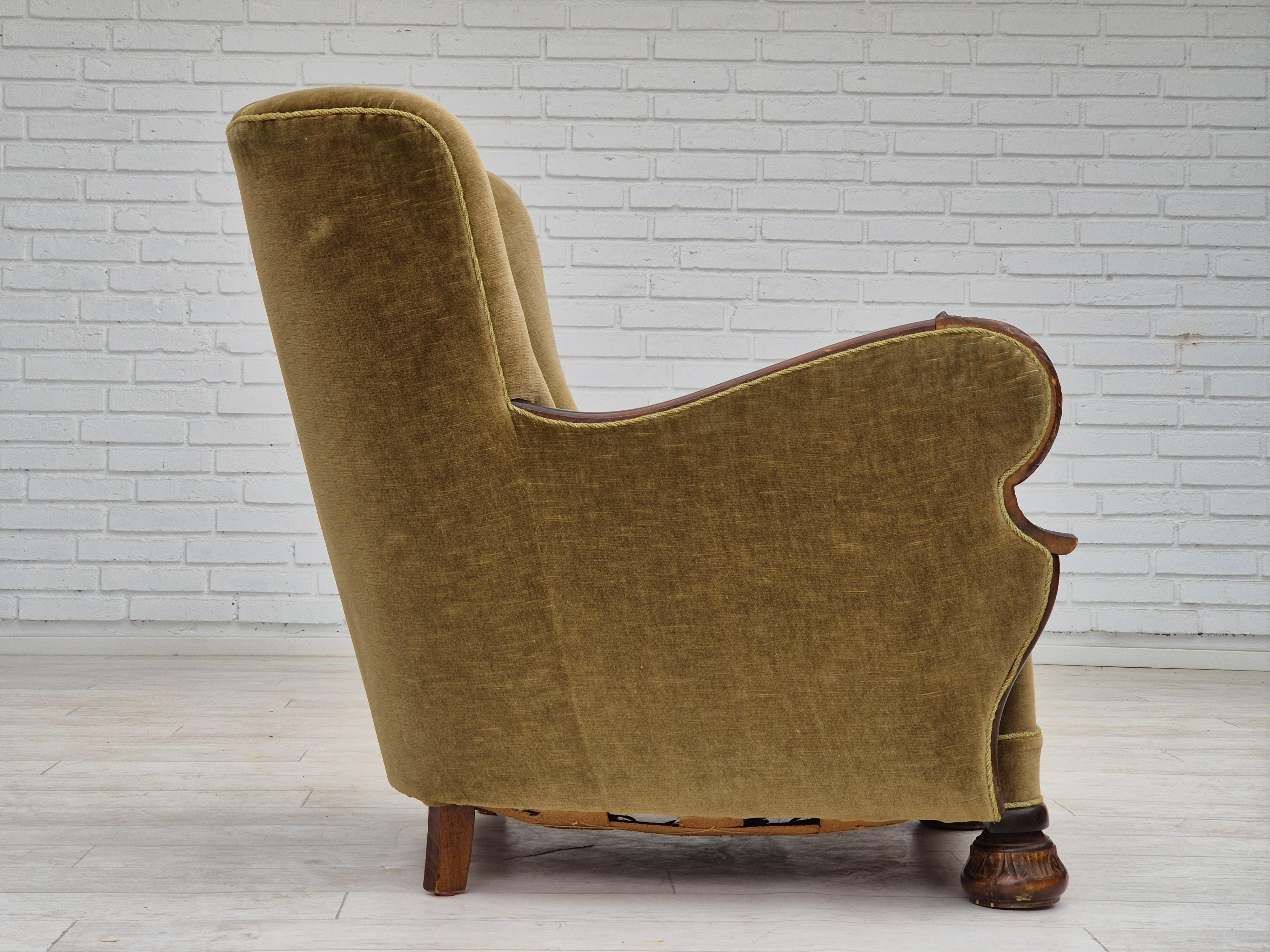 Mid-20th Century 1960s, Danish vintage armchair, furniture velour, dark beech wood.