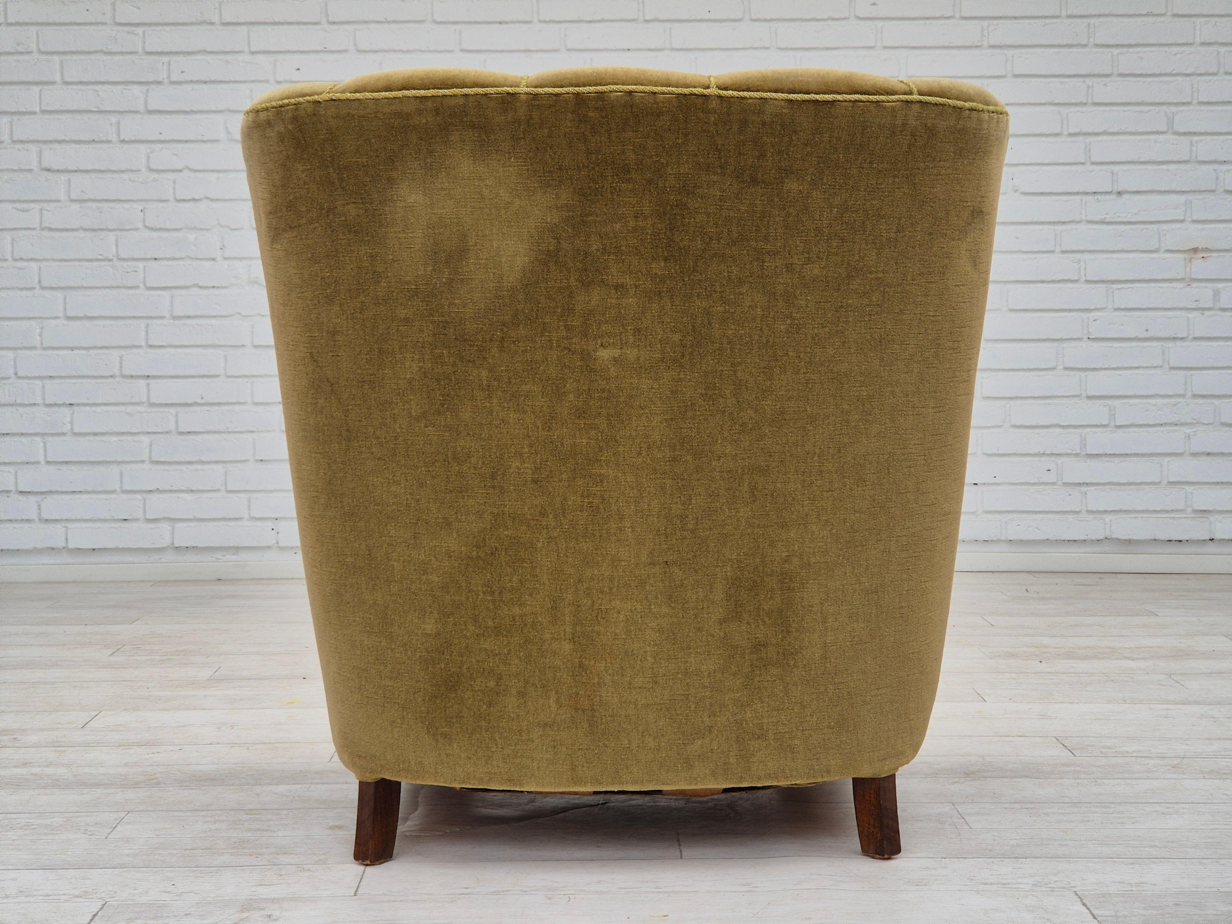 Velvet 1960s, Danish vintage armchair, furniture velour, dark beech wood.