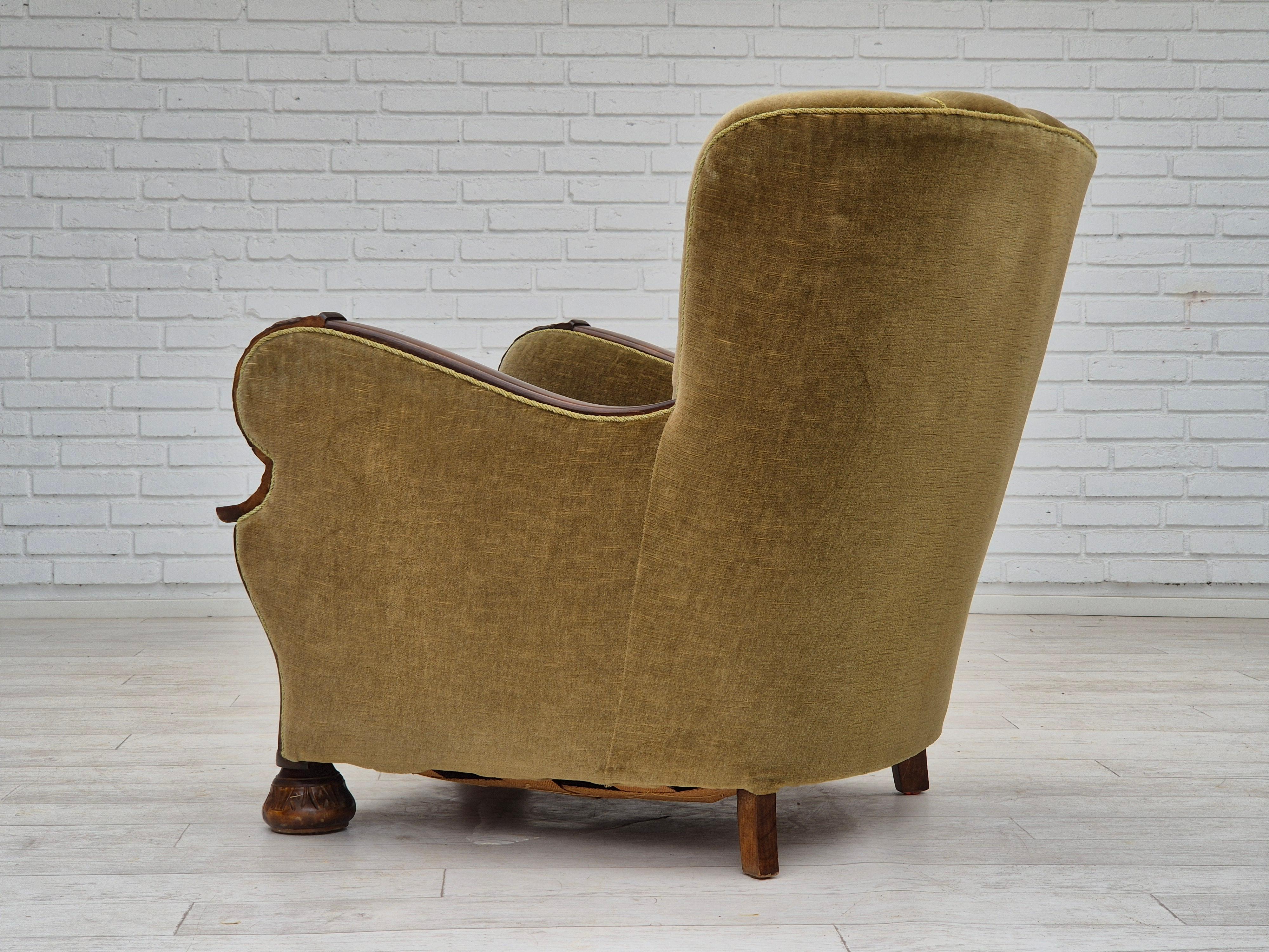1960s, Danish vintage armchair, furniture velour, dark beech wood. 1