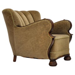 Fauteuil danois vintage des années 1960, velours de meubles, bois de hêtre foncé.