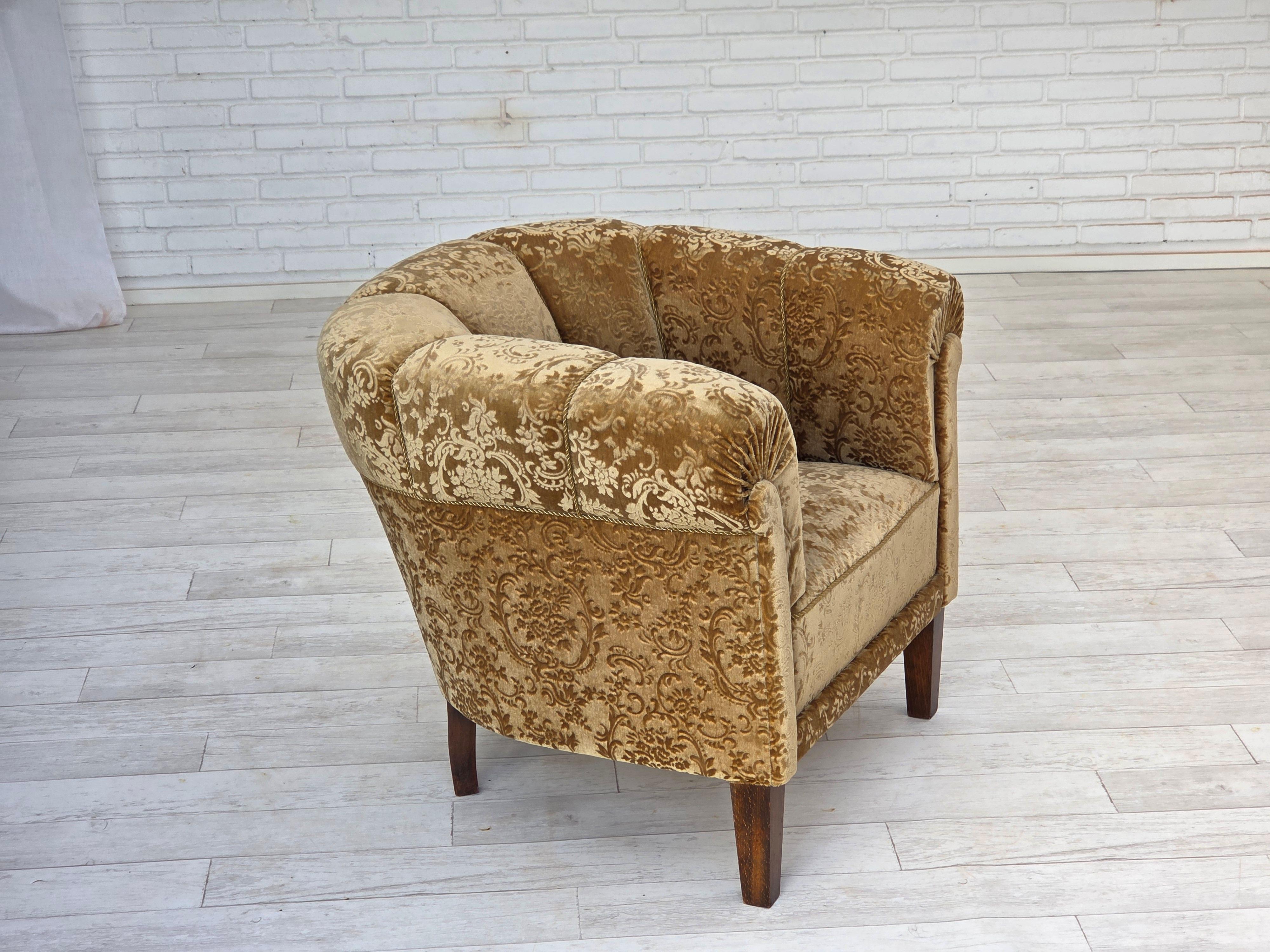 Scandinavian Modern 1960s, Danish vintage armchair, green furniture velour, ash wood legs. For Sale