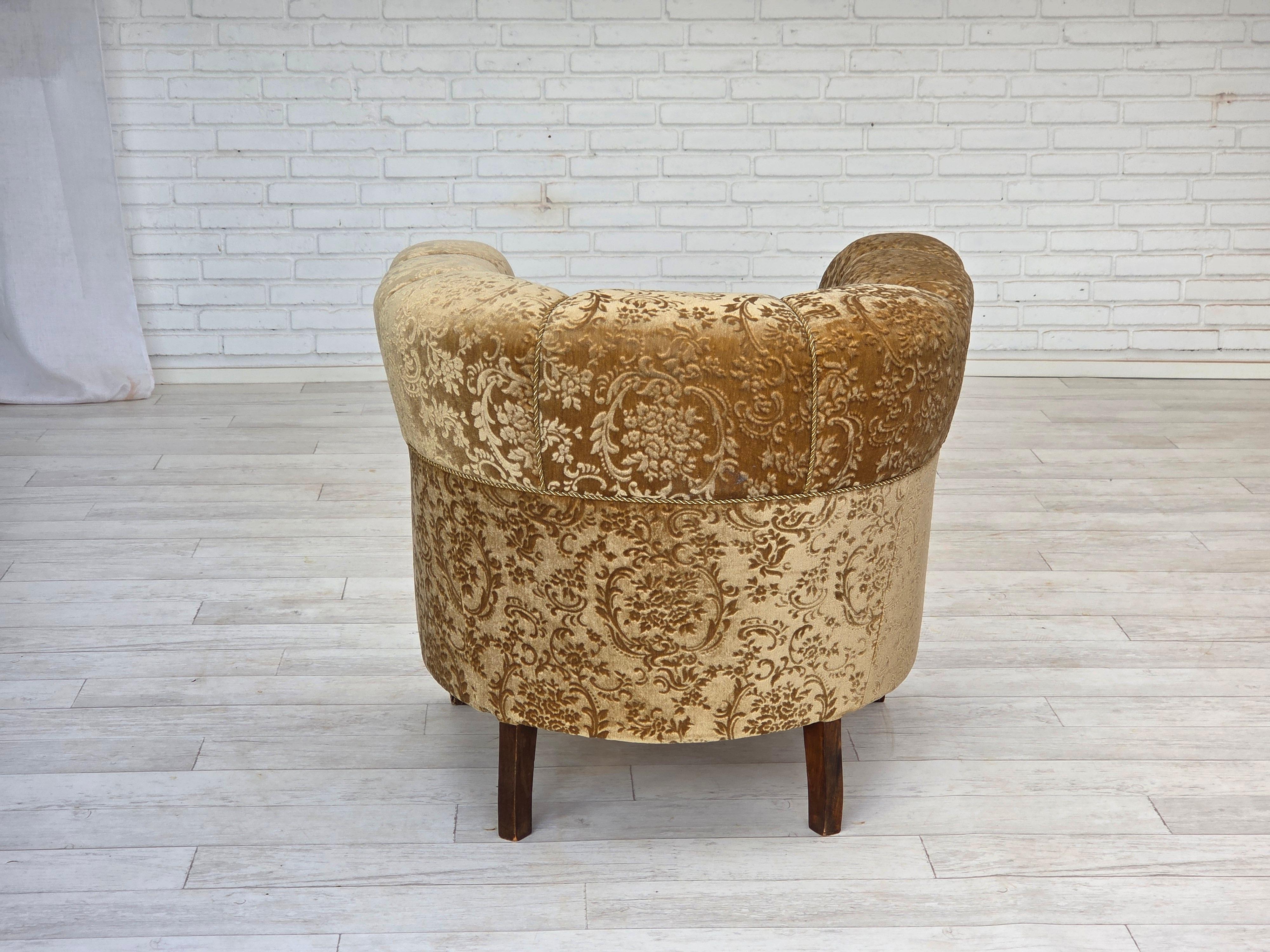 European 1960s, Danish vintage armchair, green furniture velour, ash wood legs. For Sale