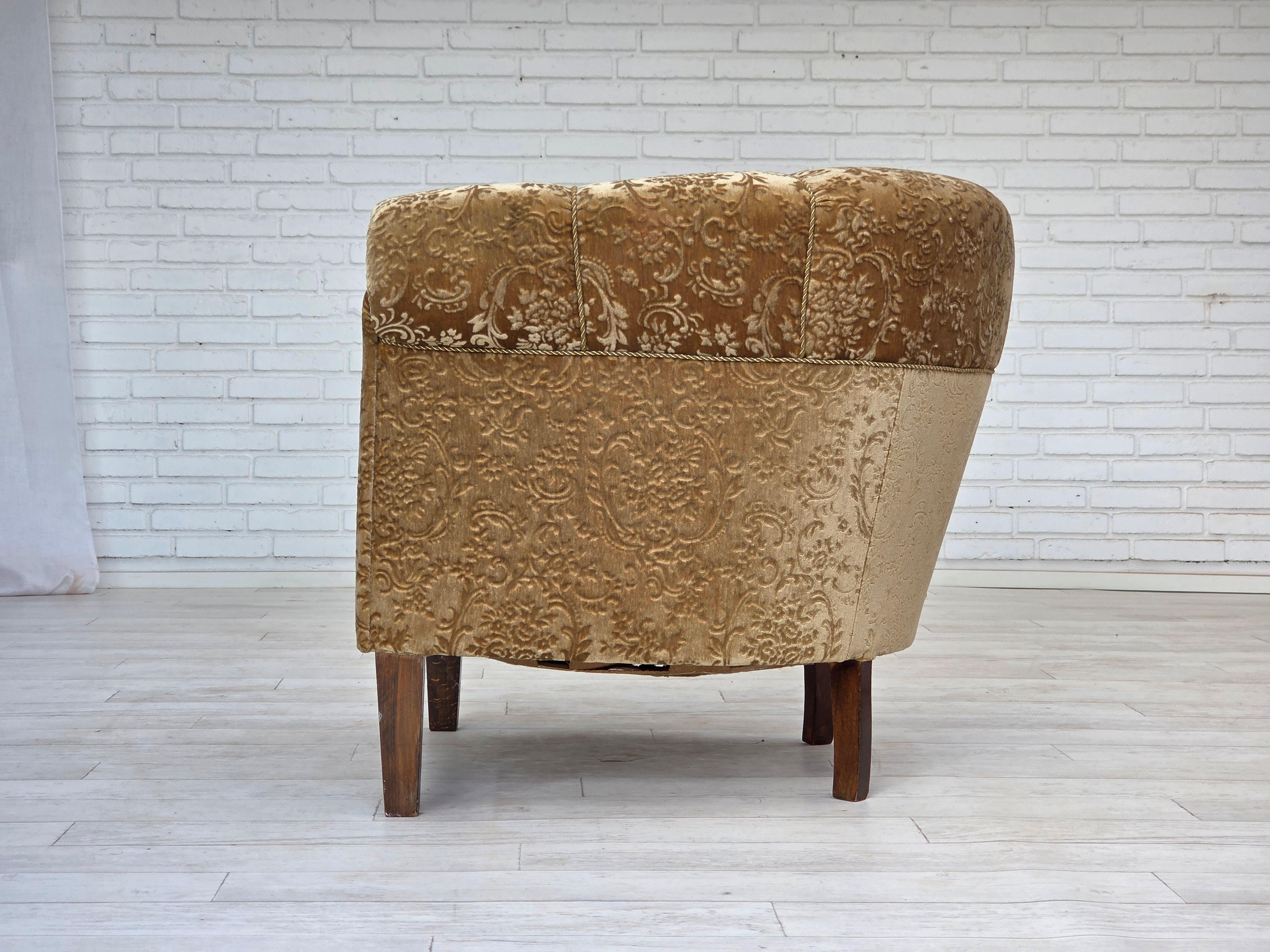 Mid-20th Century 1960s, Danish vintage armchair, green furniture velour, ash wood legs. For Sale