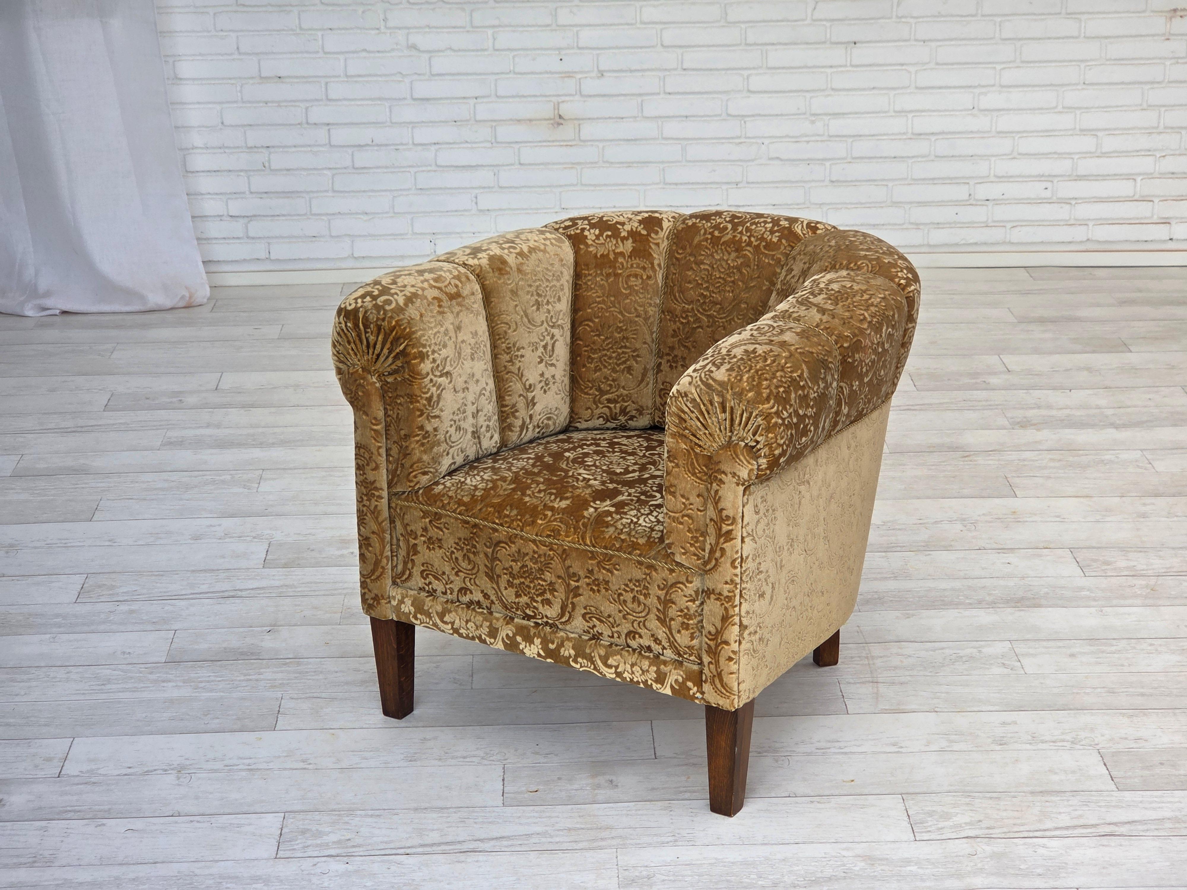 Velvet 1960s, Danish vintage armchair, green furniture velour, ash wood legs. For Sale