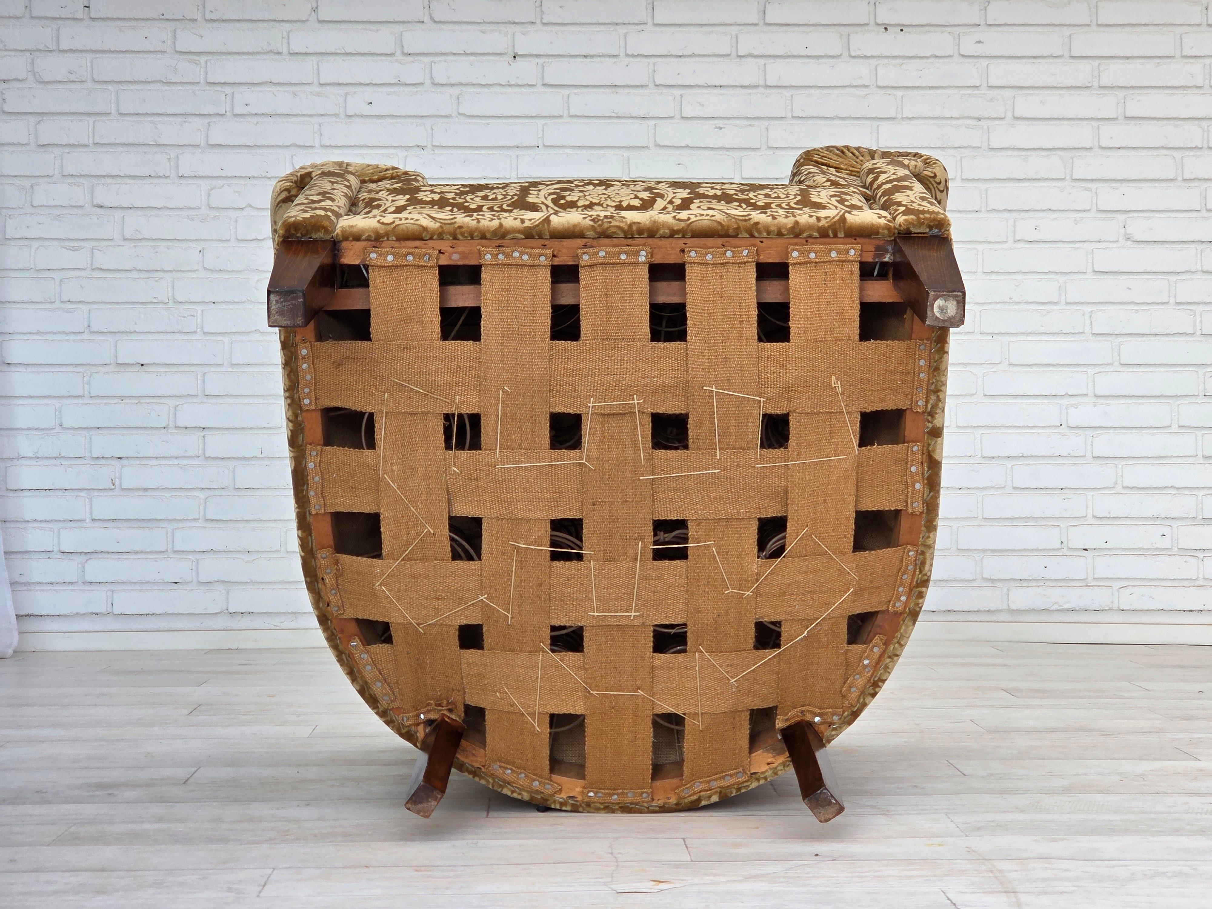 1960s, Danish vintage armchair, green furniture velour, ash wood legs. For Sale 1