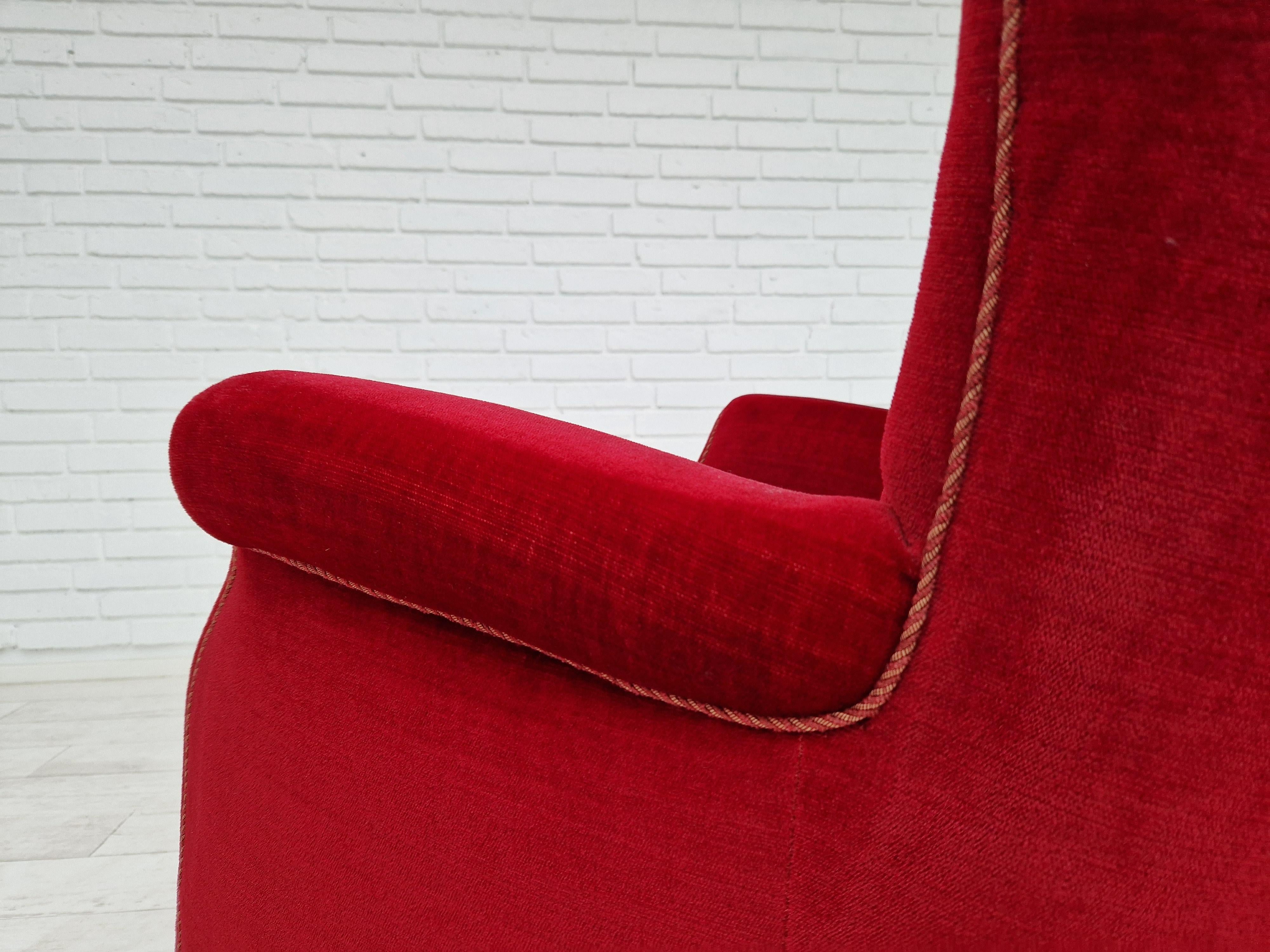 1960s, Danish Vintage Armchair in Cherry-Red Velvet For Sale 4