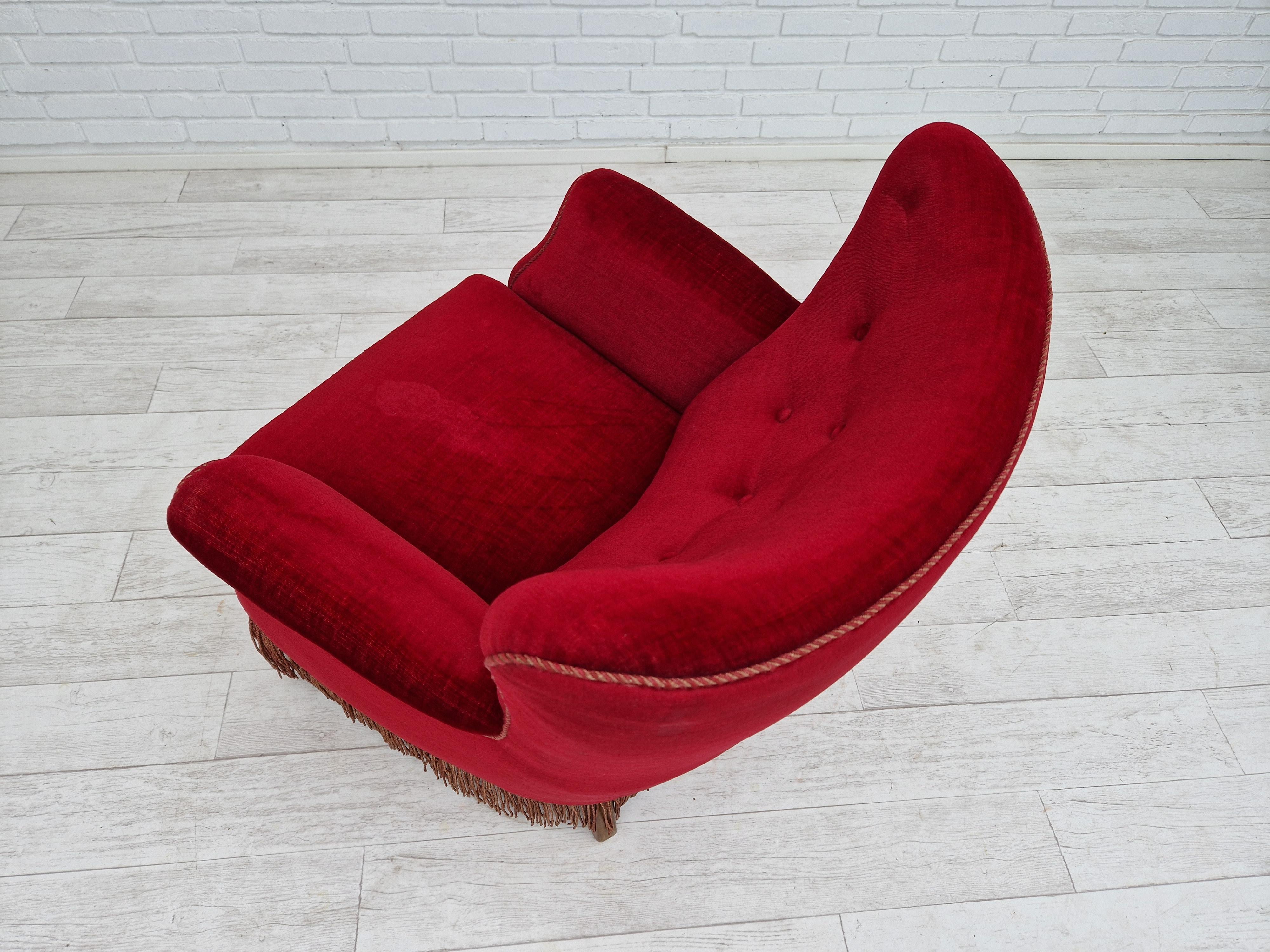 1960s, Danish Vintage Armchair in Cherry-Red Velvet For Sale 4