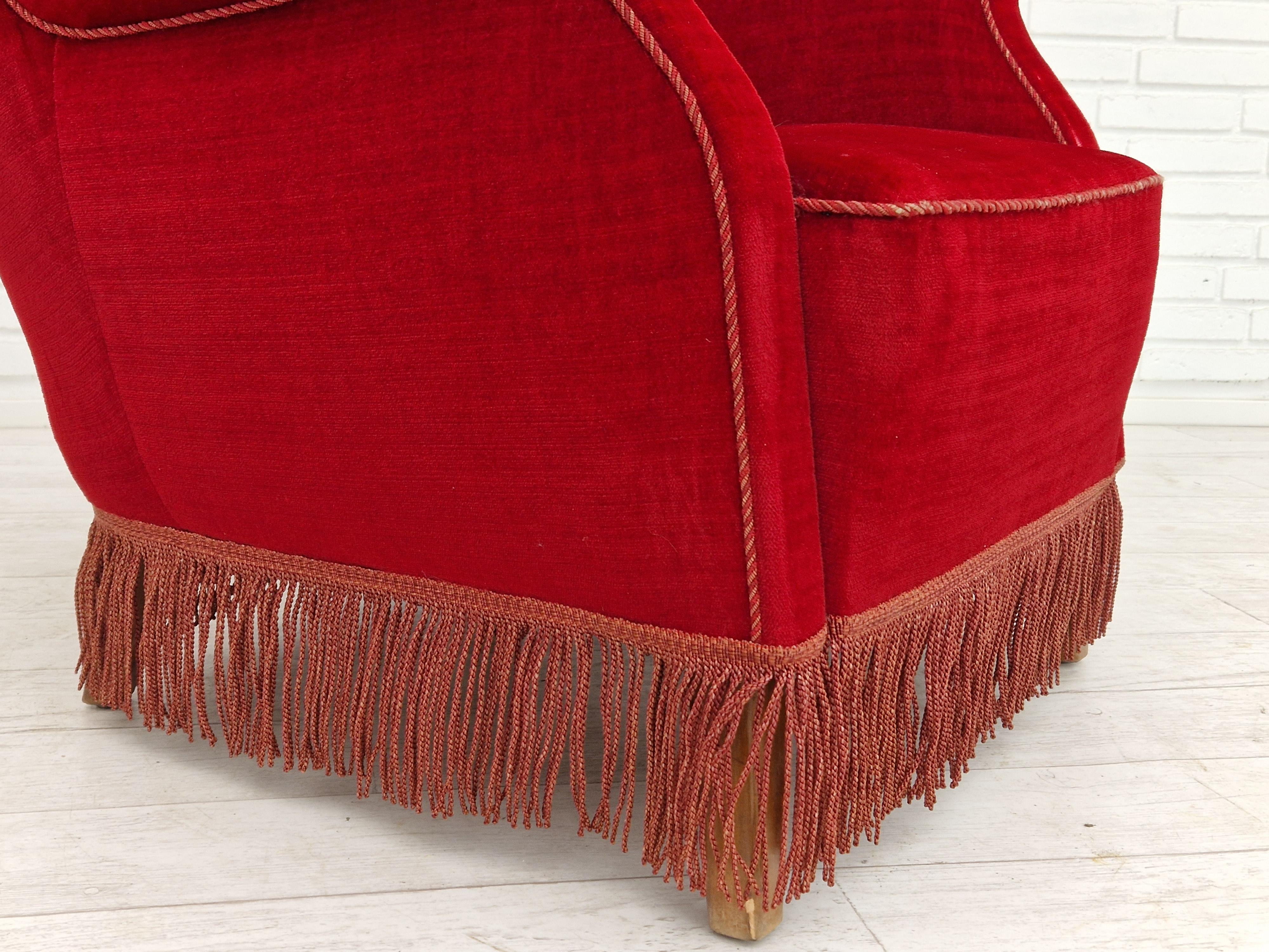1960s, Danish Vintage Armchair in Cherry-Red Velvet For Sale 6