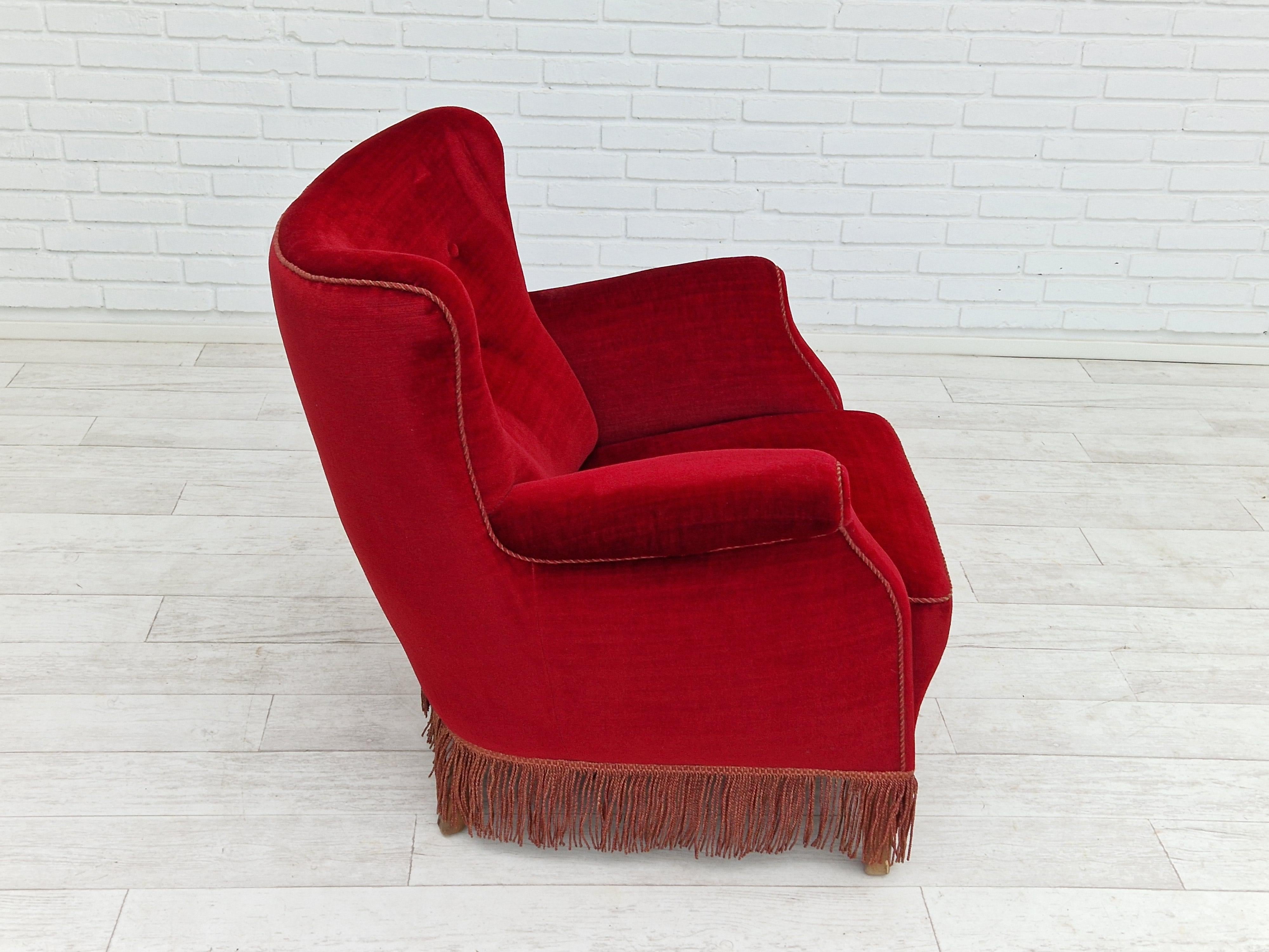 1960s, Danish Vintage Armchair in Cherry-Red Velvet For Sale 8