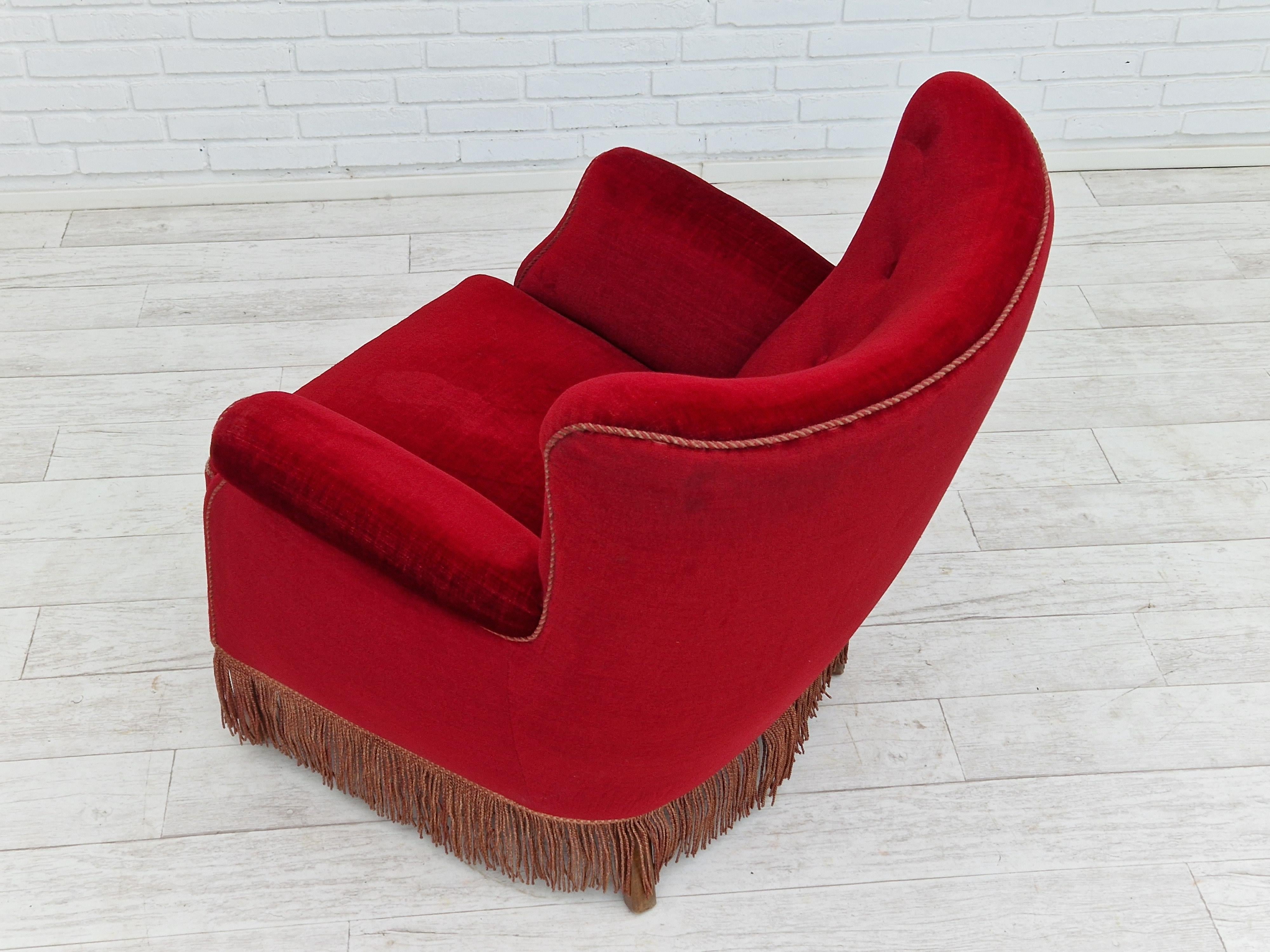 1960s, Danish Vintage Armchair in Cherry-Red Velvet For Sale 9