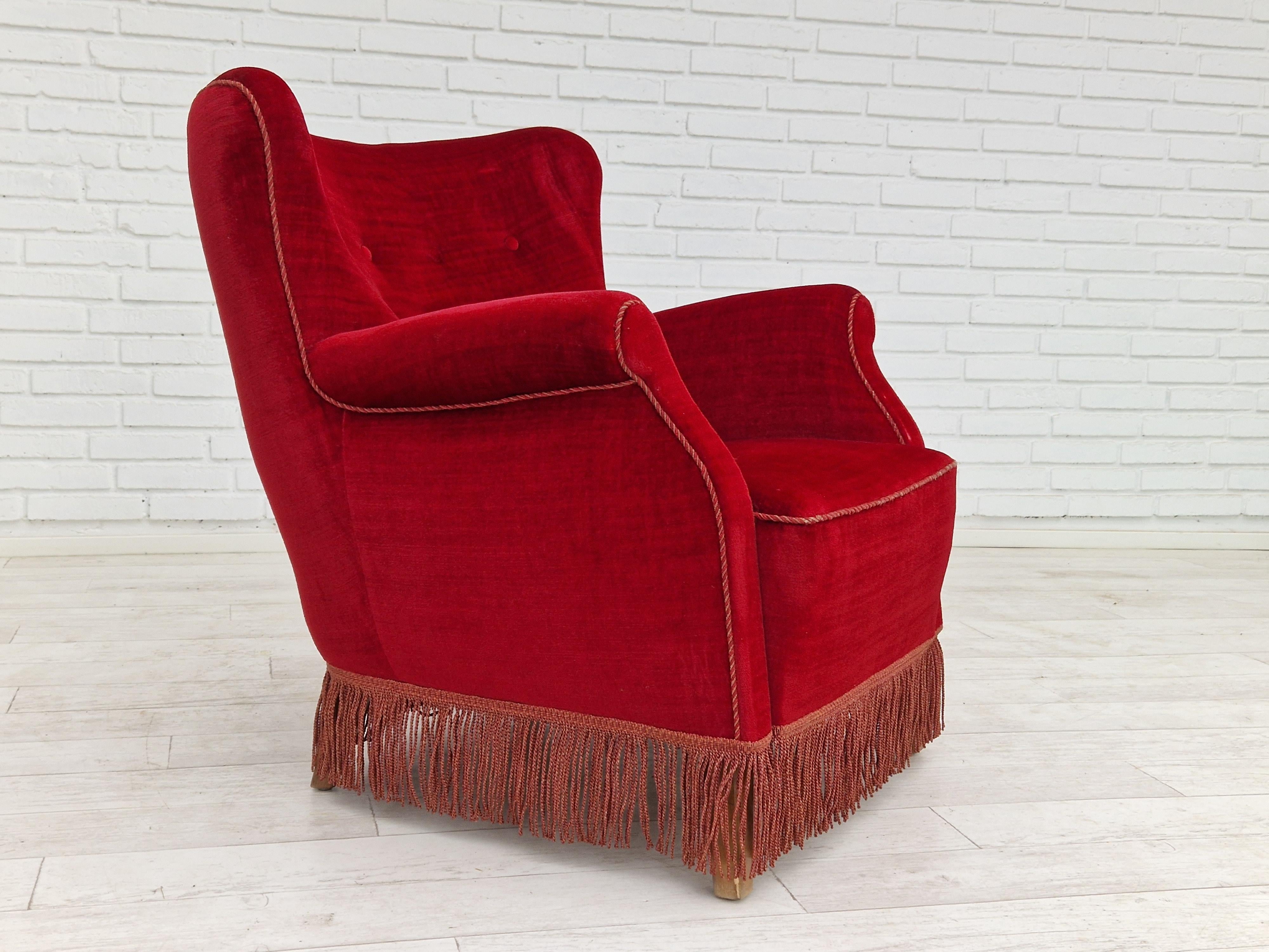 Scandinavian Modern 1960s, Danish Vintage Armchair in Cherry-Red Velvet For Sale