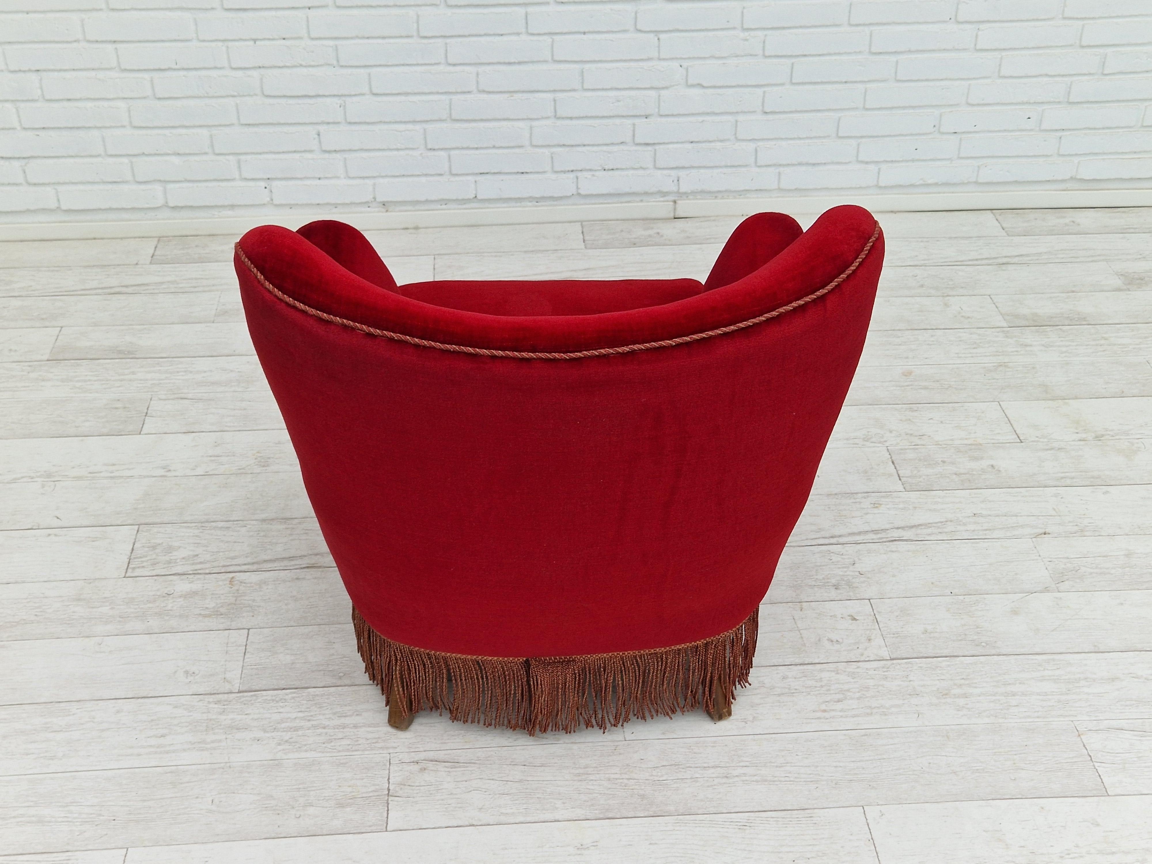 Mid-20th Century 1960s, Danish Vintage Armchair in Cherry-Red Velvet For Sale