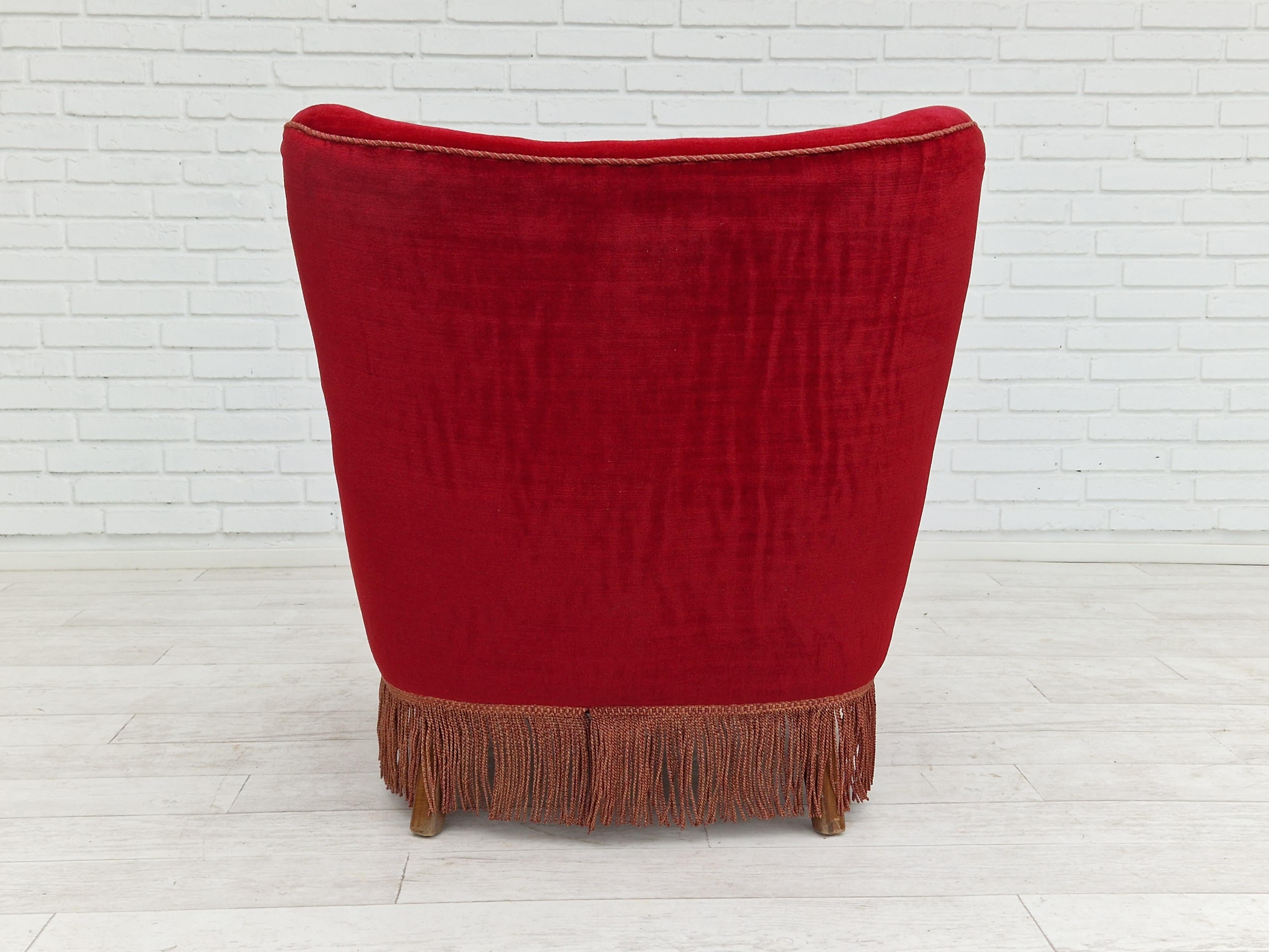 1960s, Danish Vintage Armchair in Cherry-Red Velvet For Sale 1