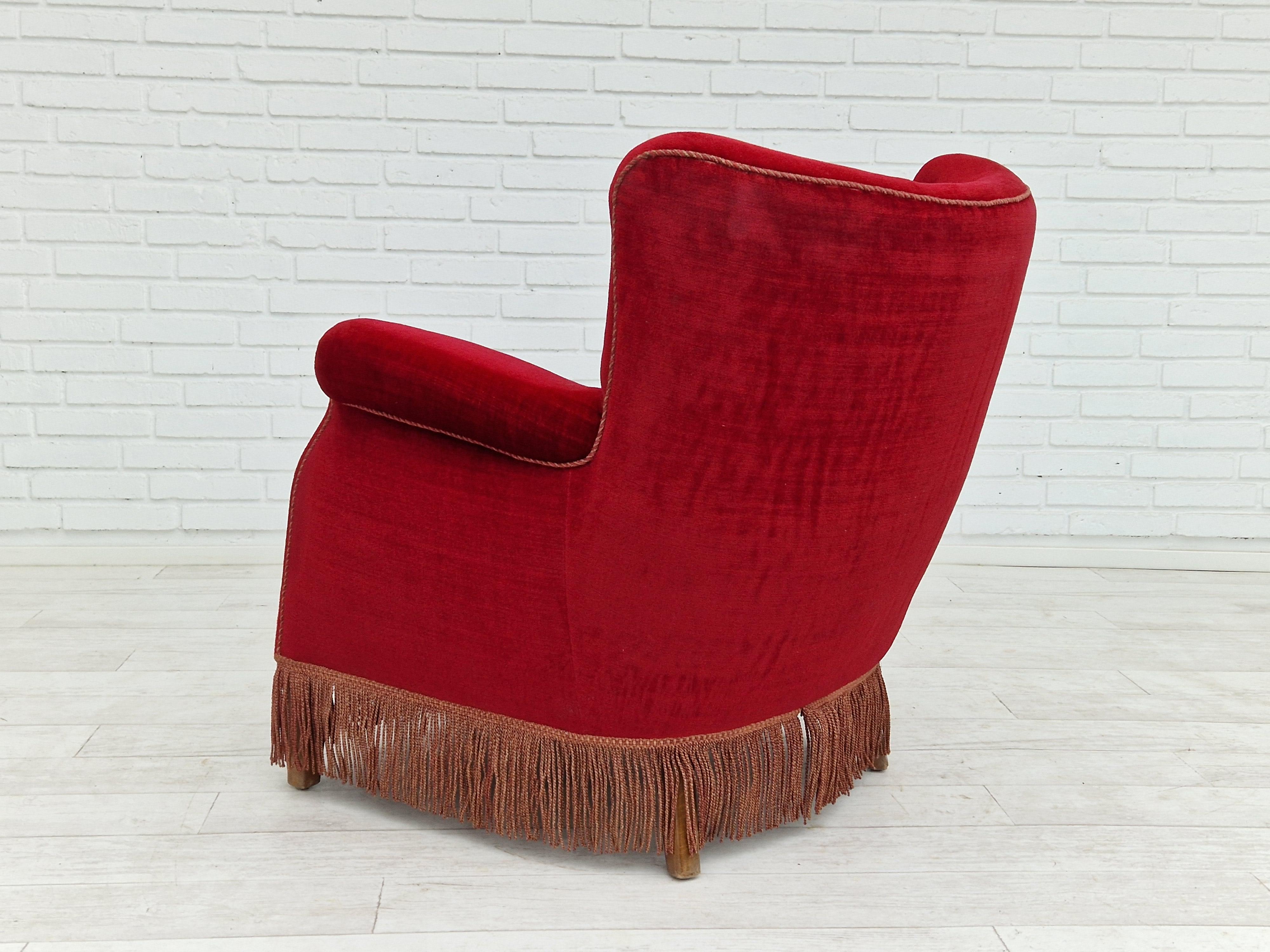 1960s, Danish Vintage Armchair in Cherry-Red Velvet For Sale 2