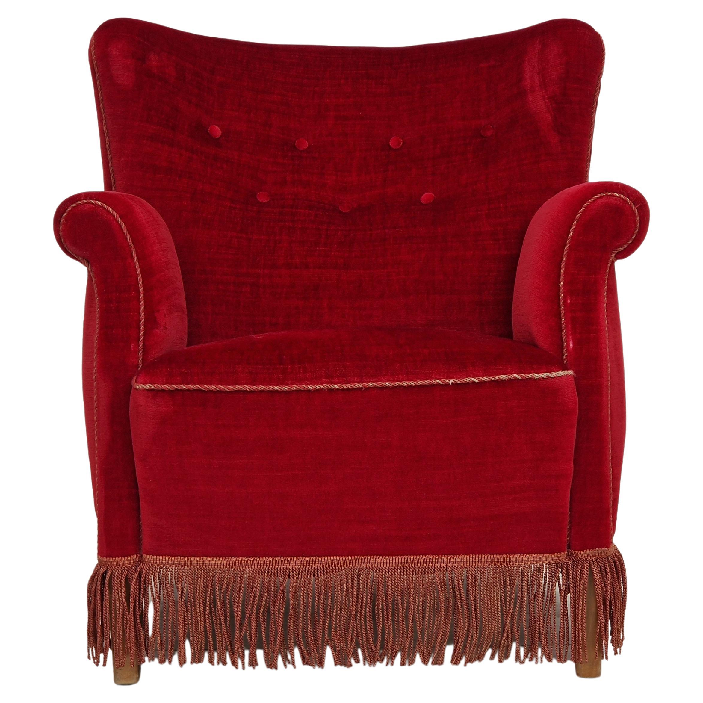 1960s, Danish Vintage Armchair in Cherry-Red Velvet For Sale at 1stDibs