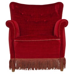 1960s, Danish Used Armchair in Cherry-Red Velvet