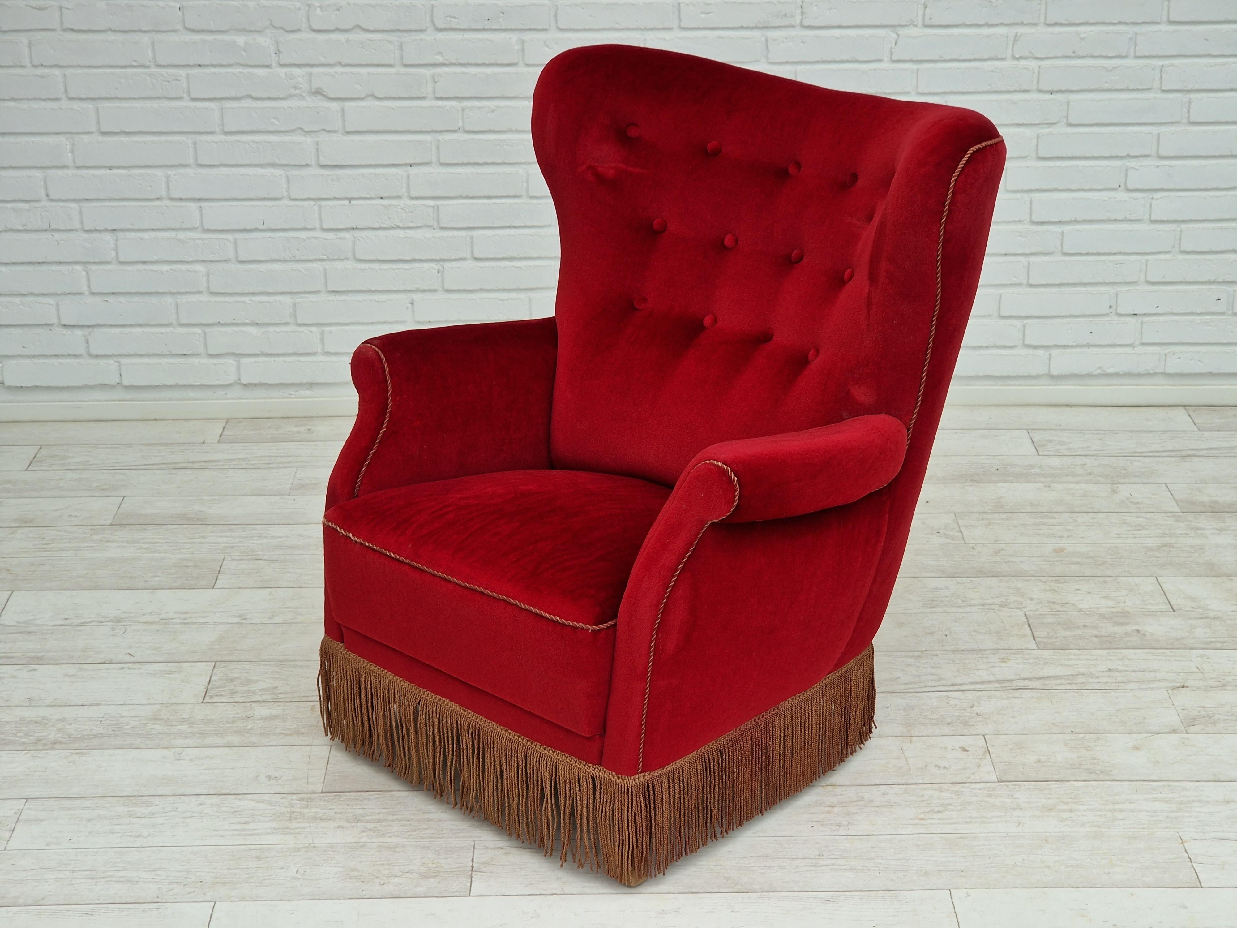 1960s, Danish Vintage Highback Armchair in Cherry-Red Velvet For Sale 5