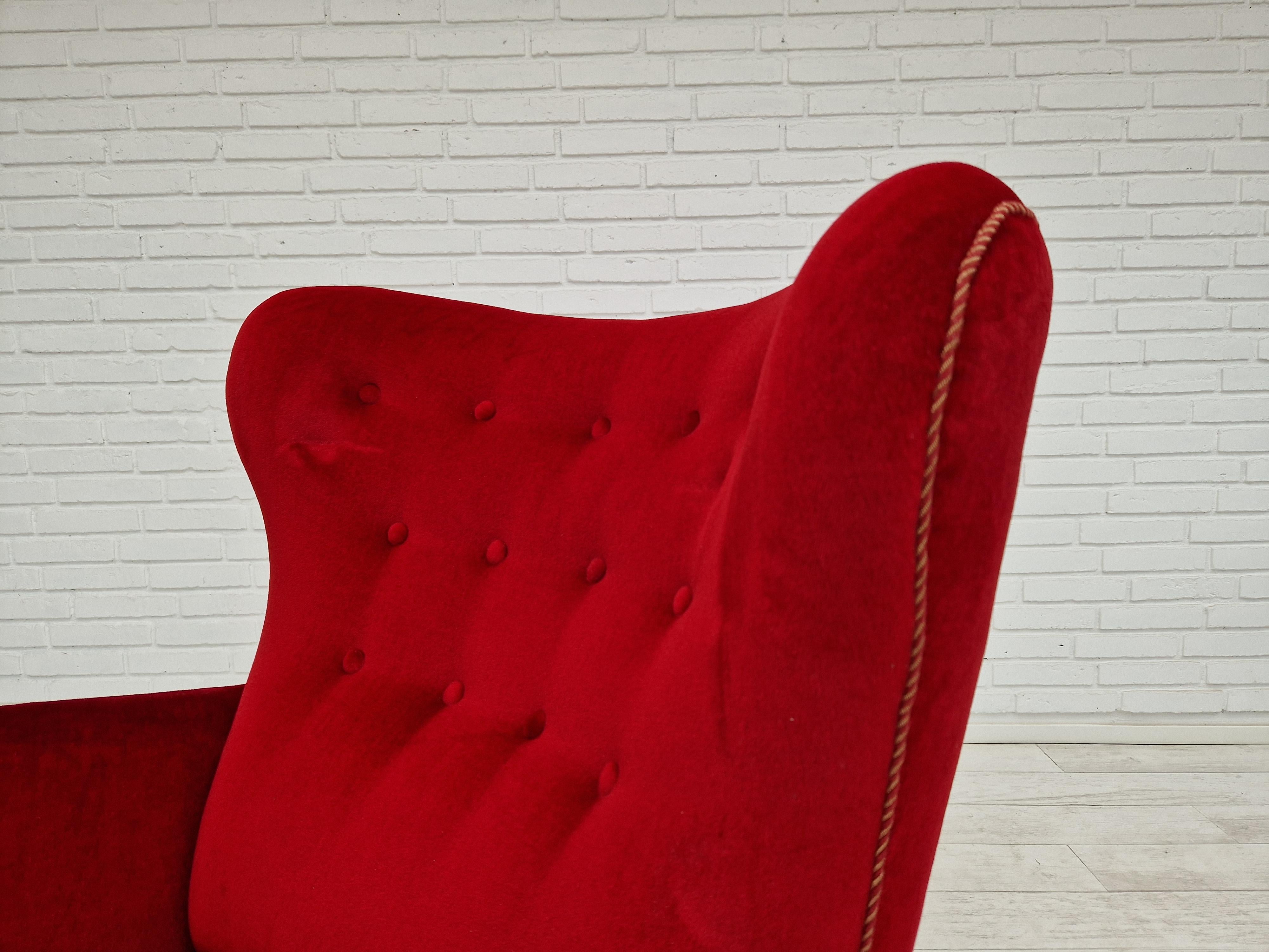 1960s, Danish Vintage Highback Armchair in Cherry-Red Velvet For Sale 6