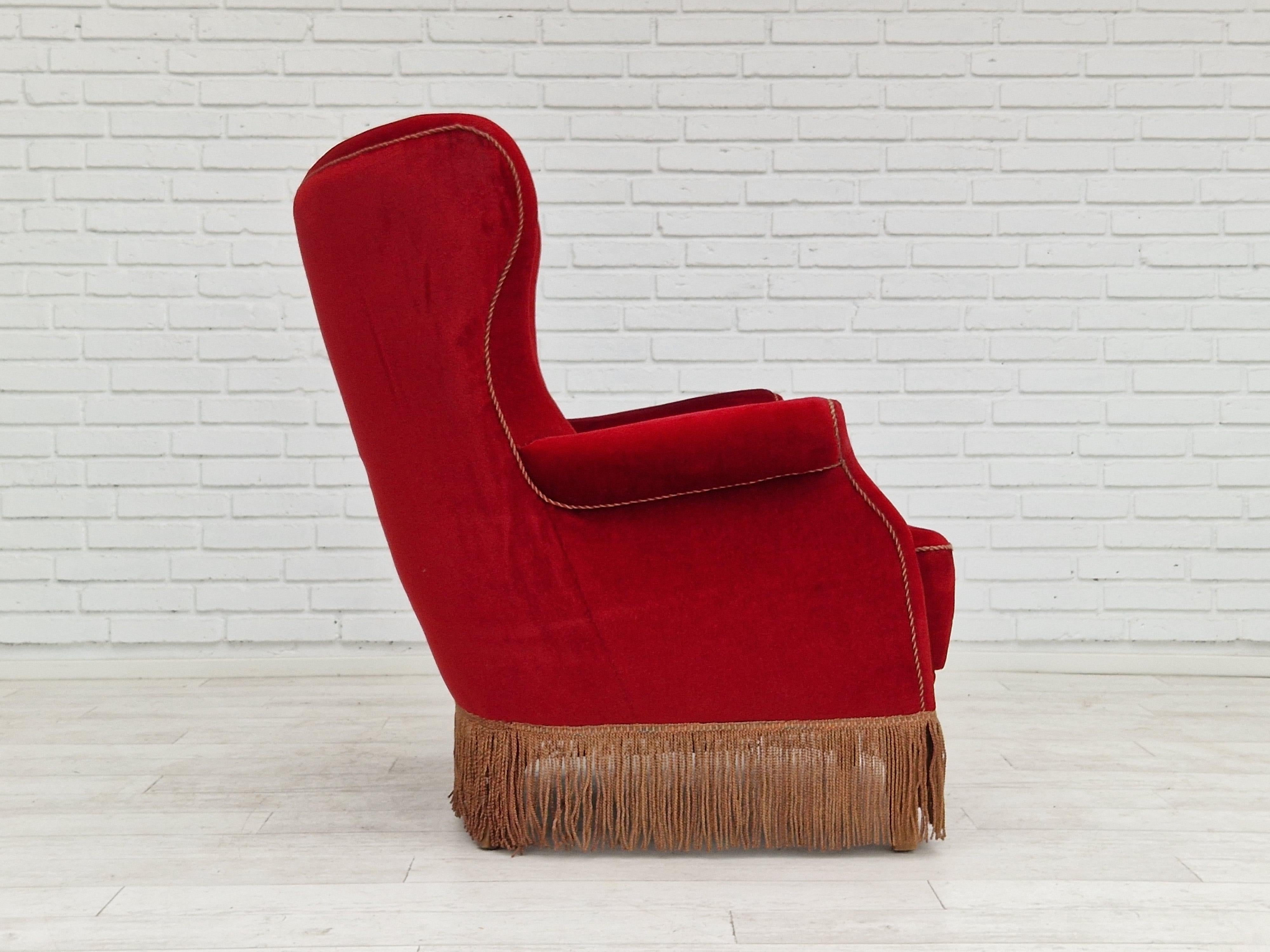 1960s, Danish Vintage Highback Armchair in Cherry-Red Velvet For Sale 9