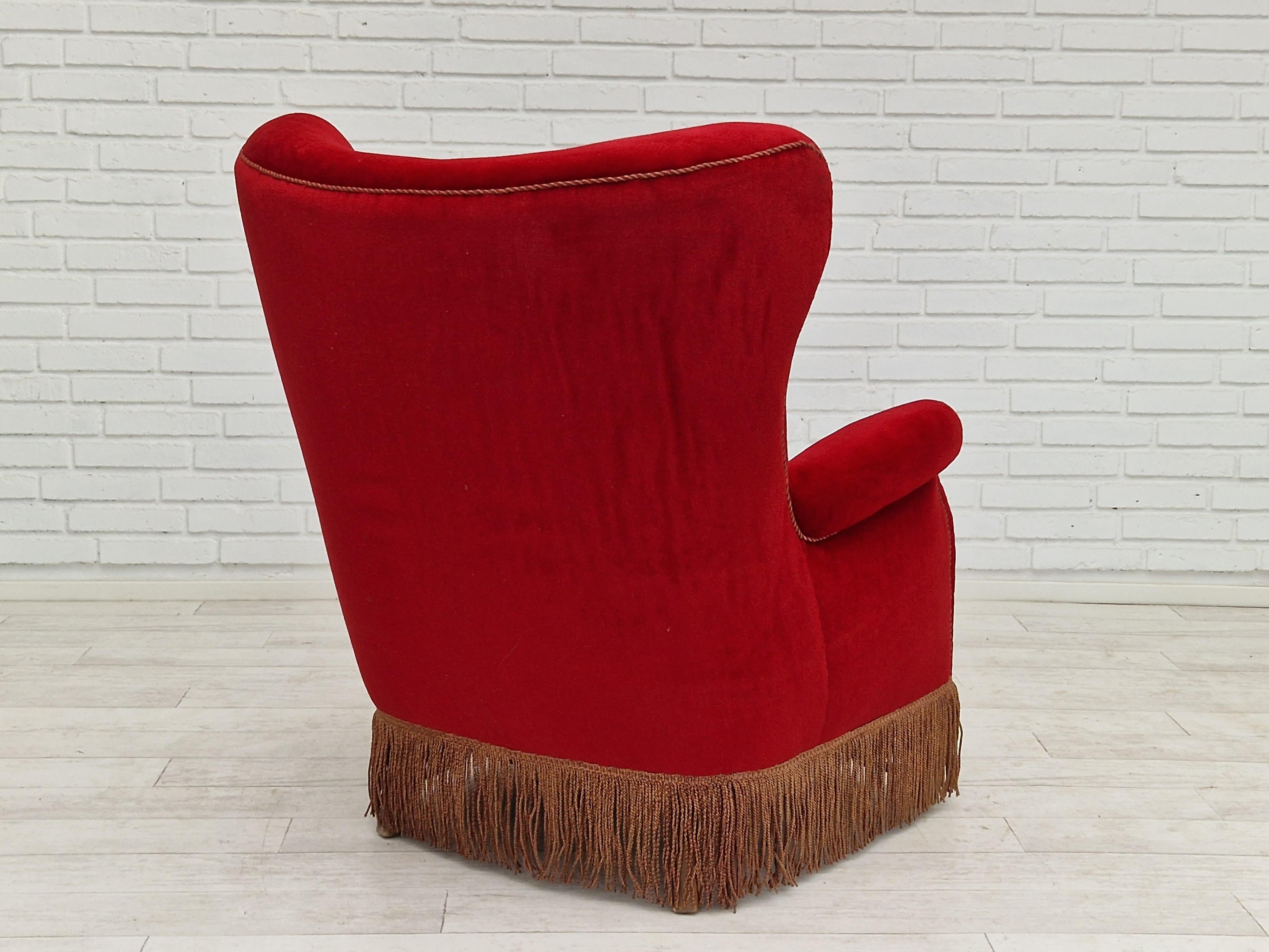 1960s, Danish Vintage Highback Armchair in Cherry-Red Velvet For Sale 10