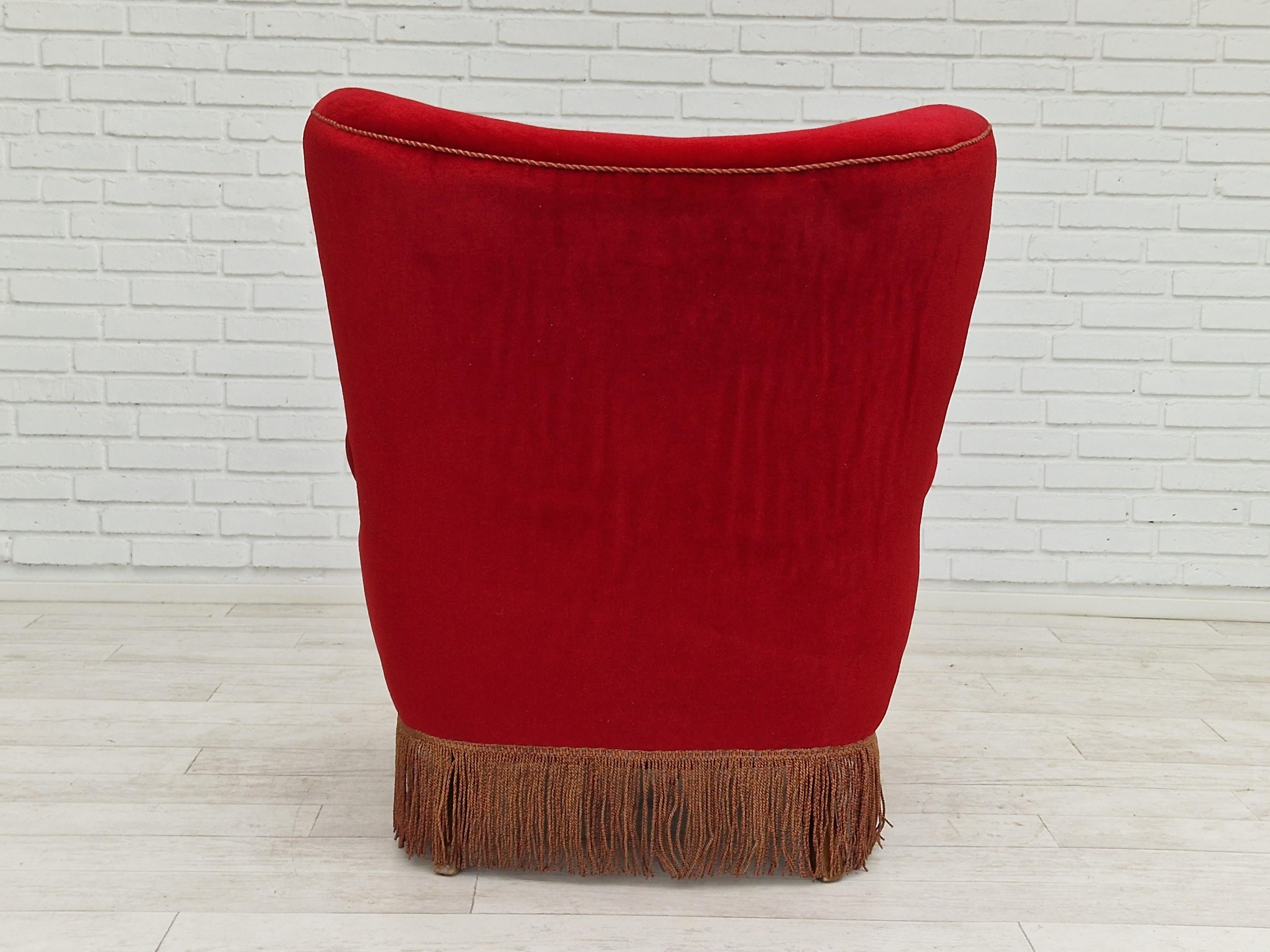 1960s, Danish Vintage Highback Armchair in Cherry-Red Velvet For Sale 11