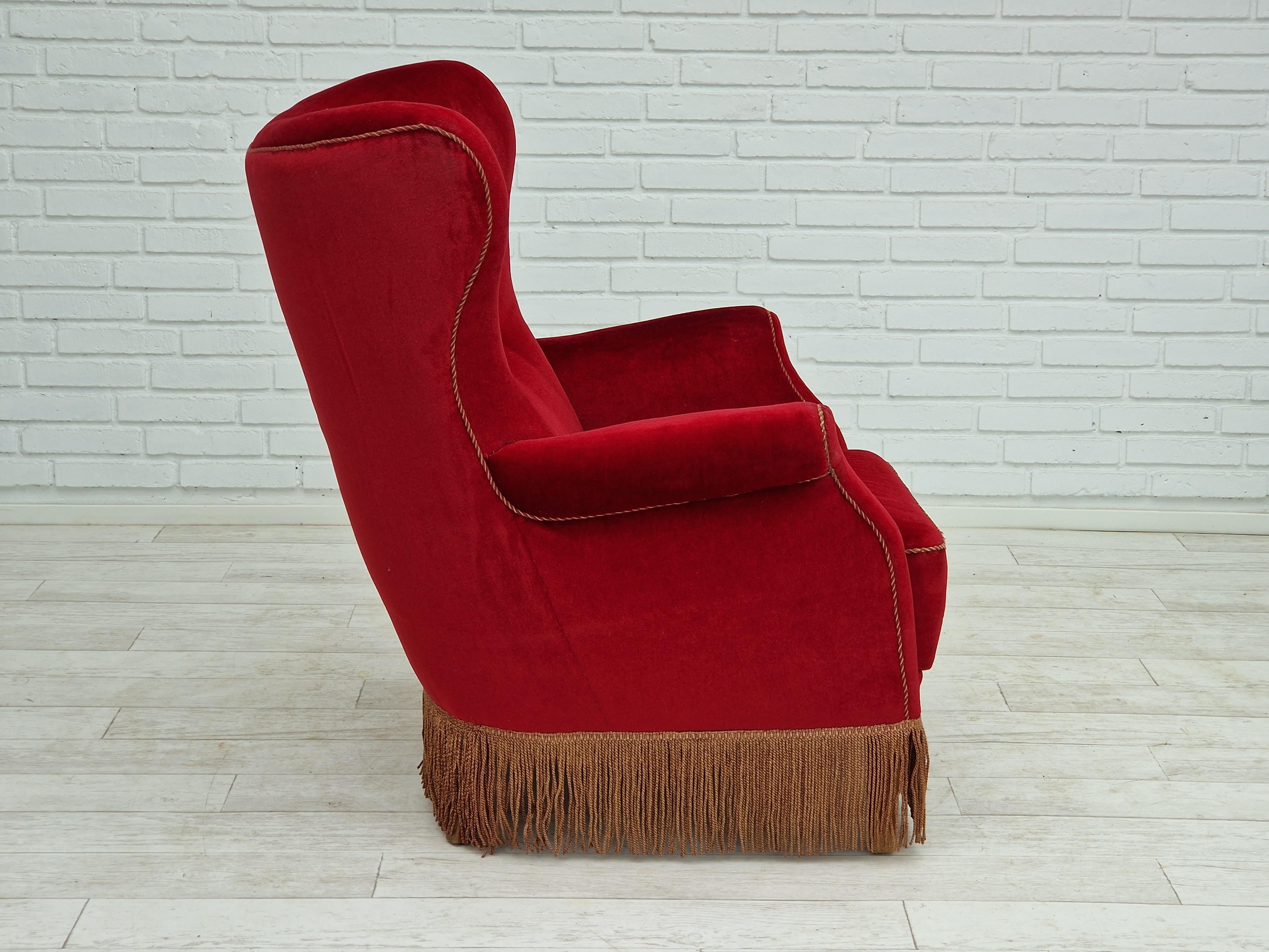Mid-20th Century 1960s, Danish Vintage Highback Armchair in Cherry-Red Velvet For Sale