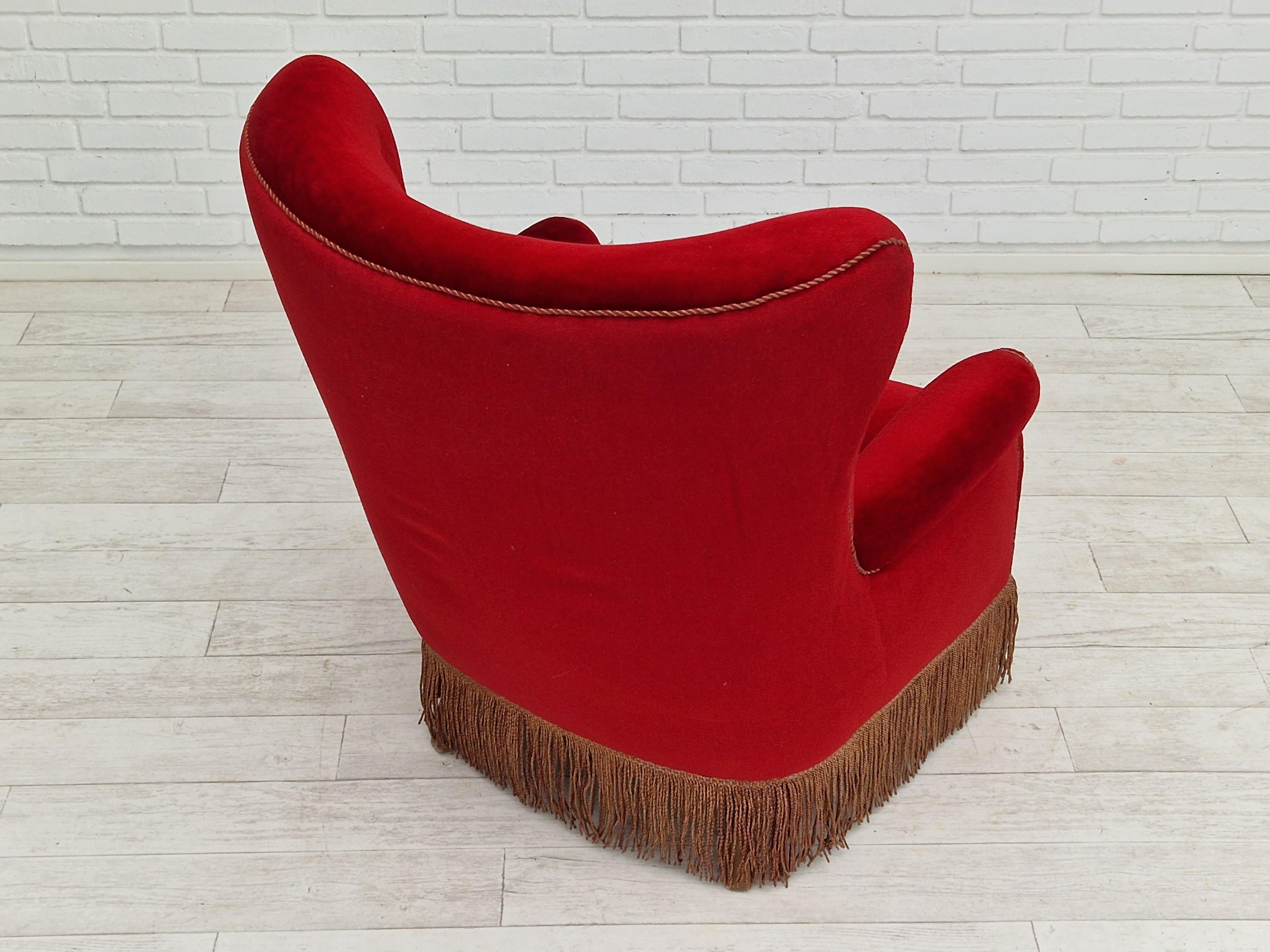 1960s, Danish Vintage Highback Armchair in Cherry-Red Velvet For Sale 1