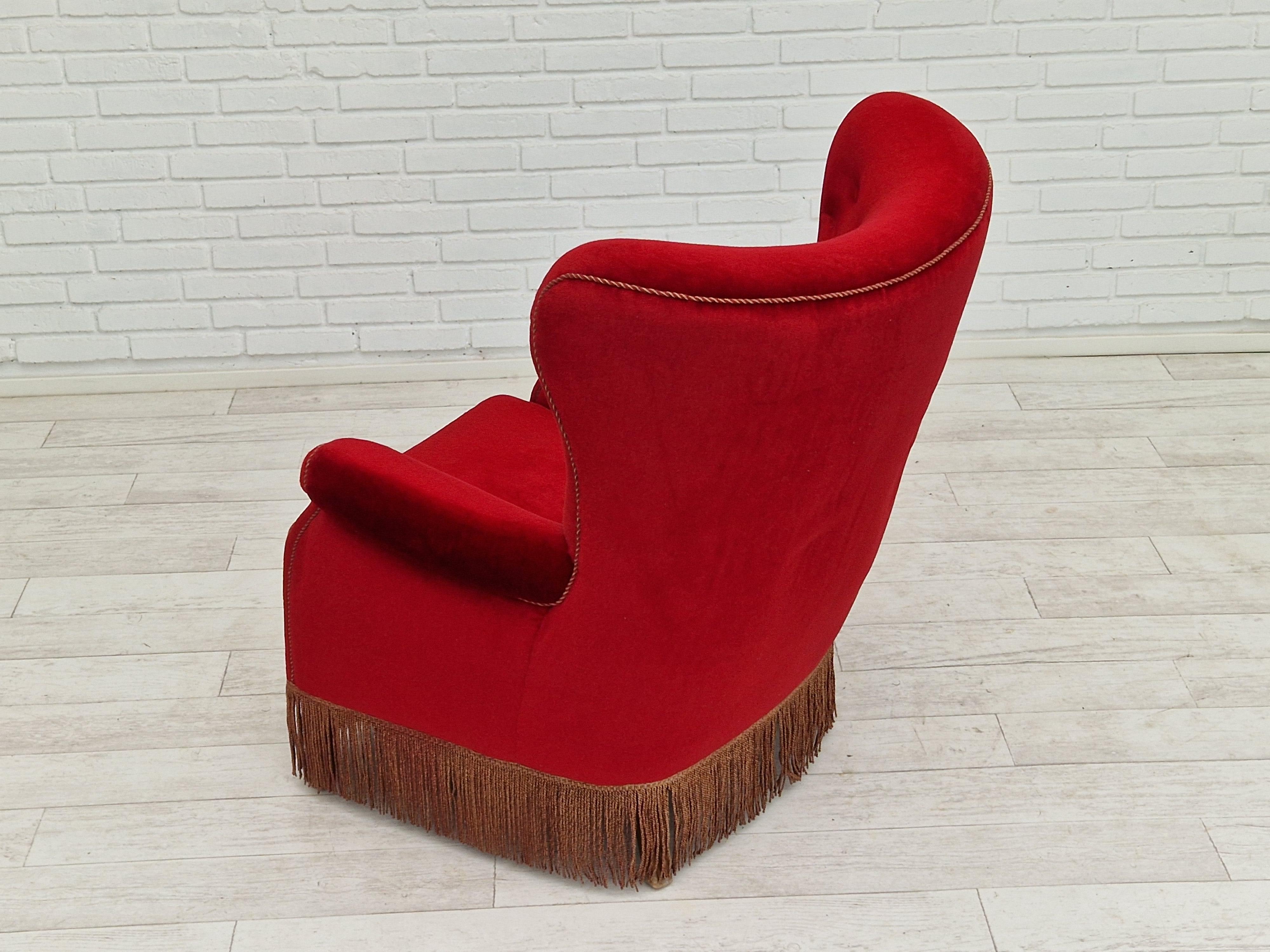 1960s, Danish Vintage Highback Armchair in Cherry-Red Velvet For Sale 3