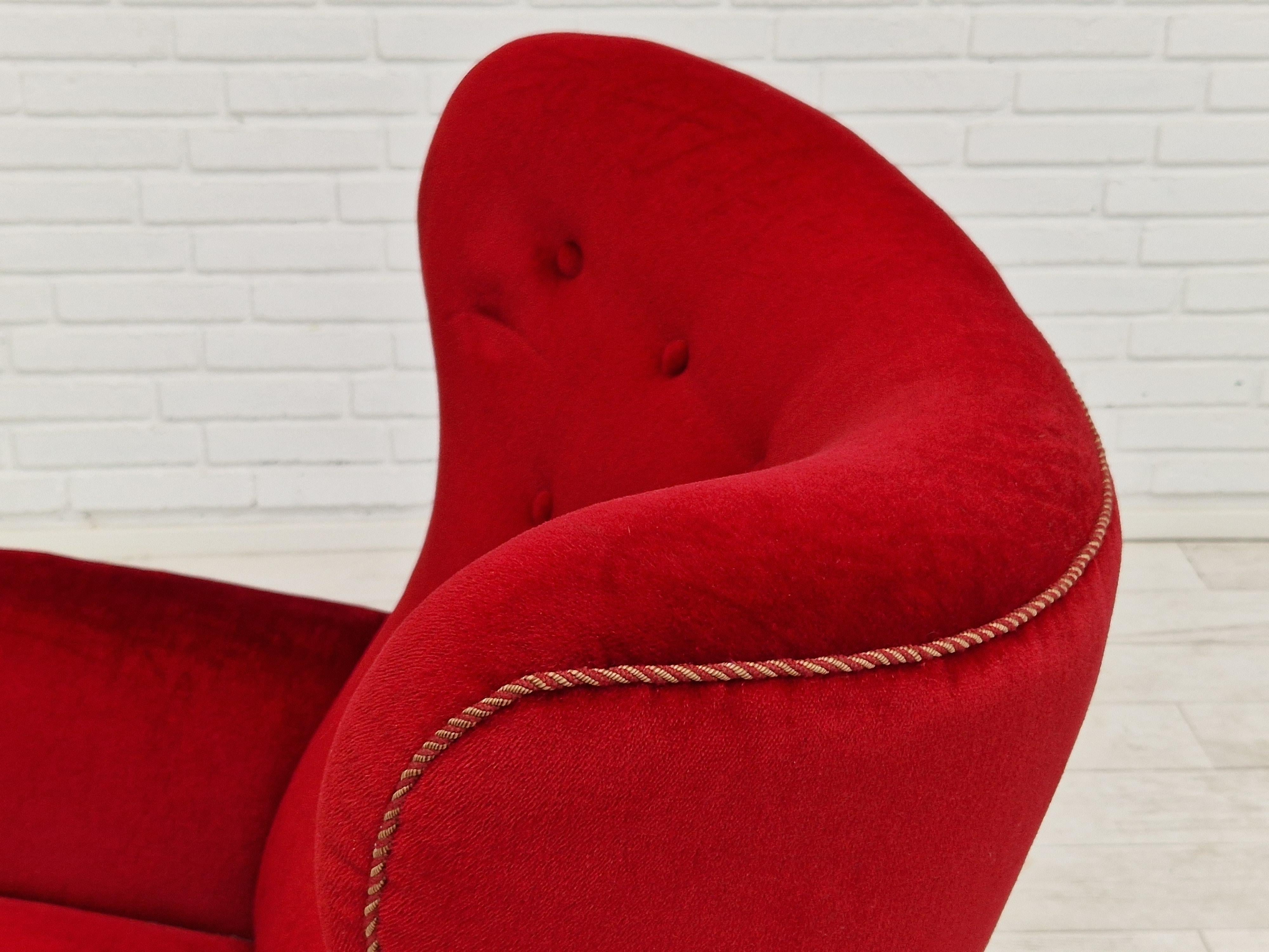 1960s, Danish Vintage Highback Armchair in Cherry-Red Velvet For Sale 4