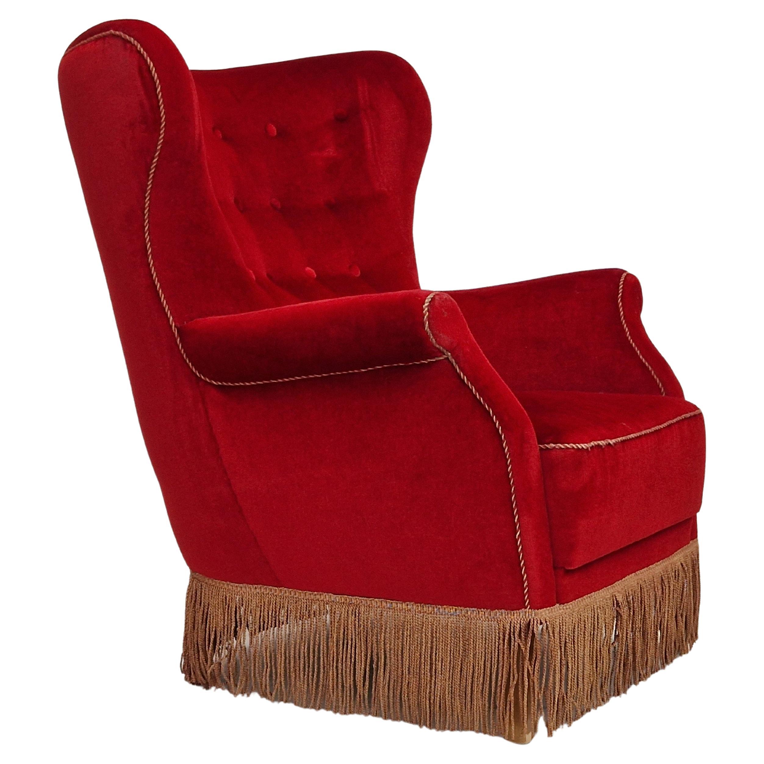 1960s, Danish Vintage Highback Armchair in Cherry-Red Velvet For Sale