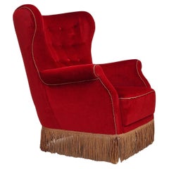 1960s, Danish Vintage Highback Armchair in Cherry-Red Velvet