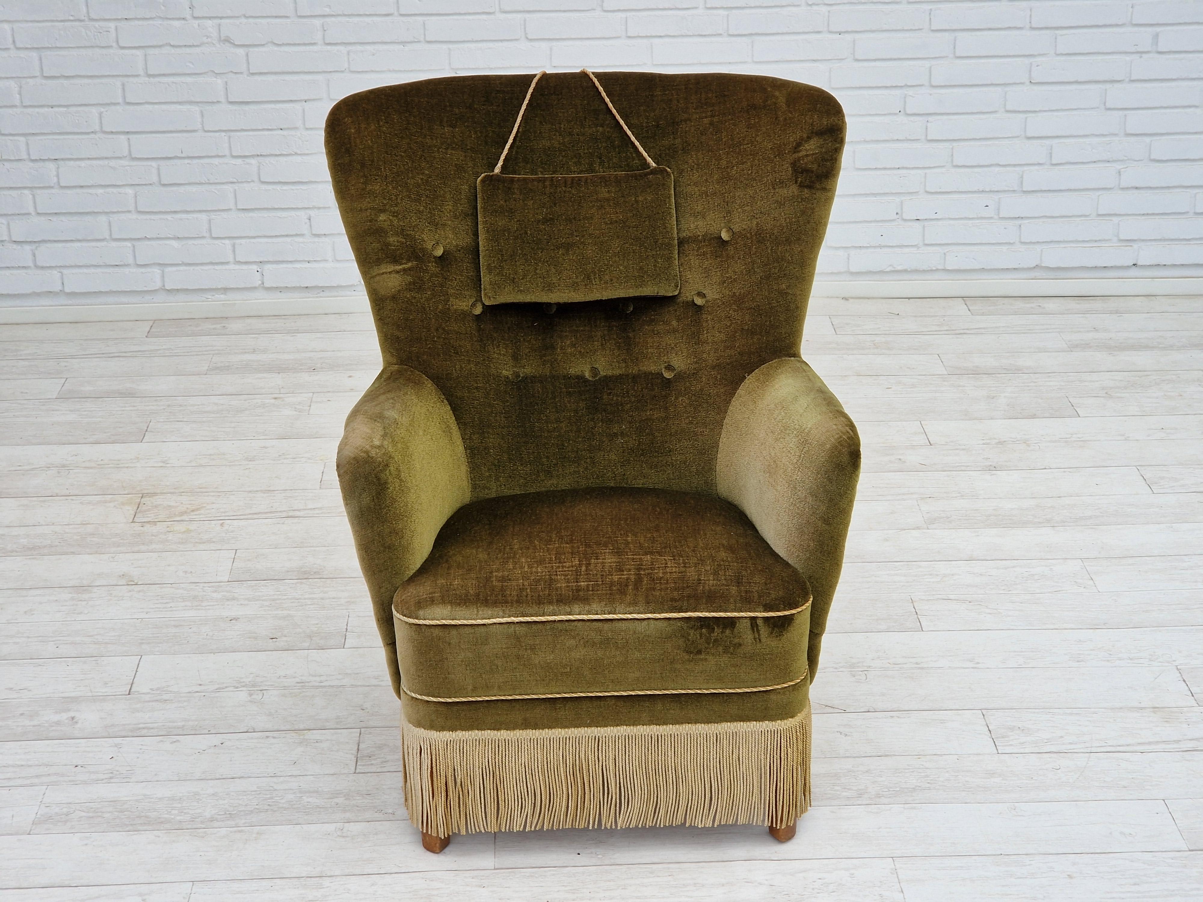 Mid-20th Century 1960s, Danish vintage highback armchair in green velvet, original condition. For Sale
