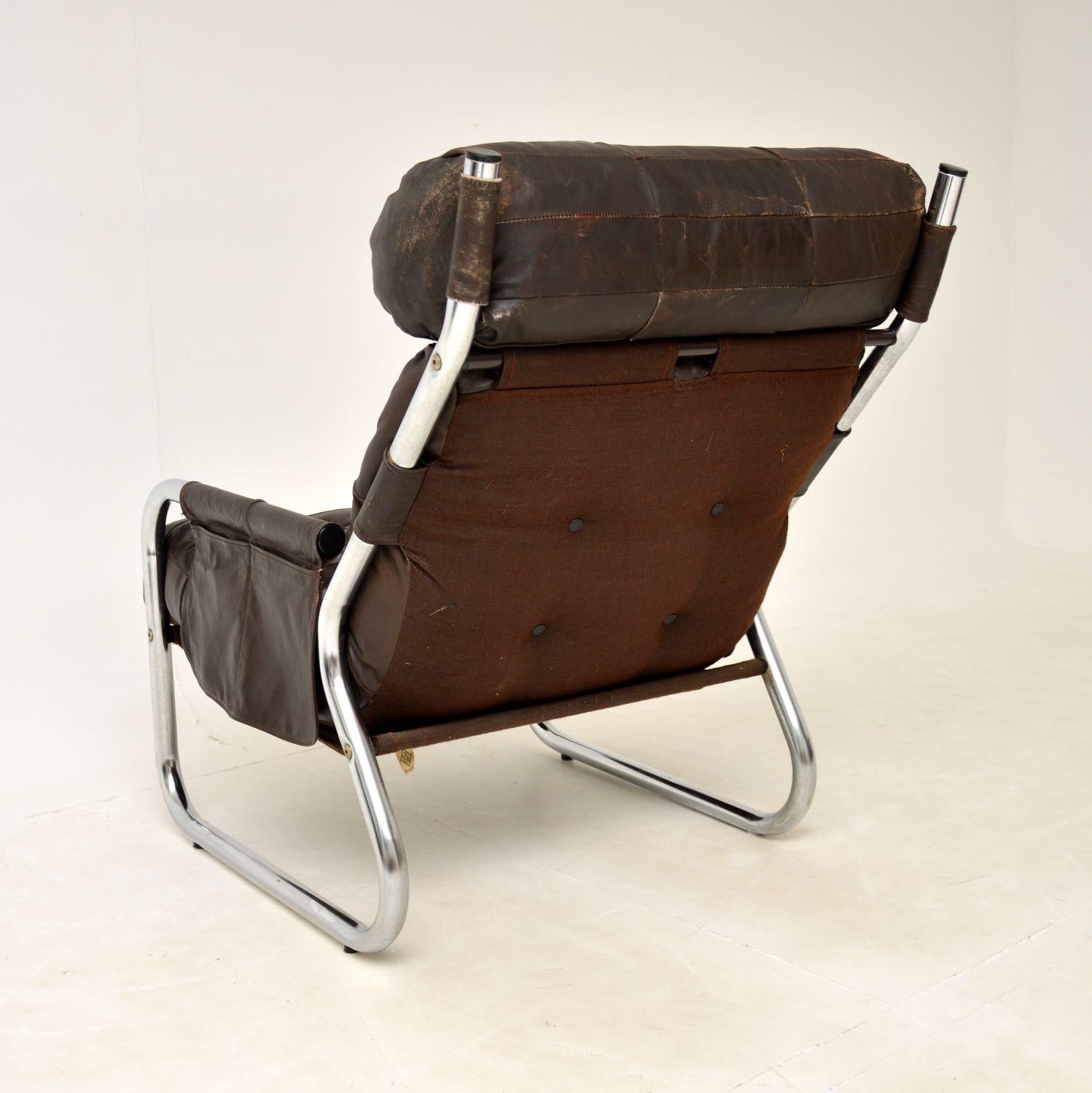 1960's Danish Vintage Leather & Chrome Armchair 5