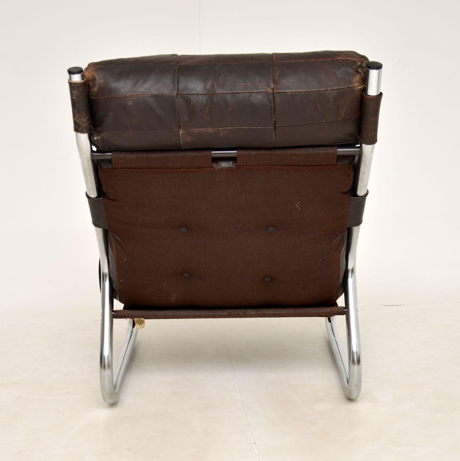 1960's Danish Vintage Leather & Chrome Armchair 6