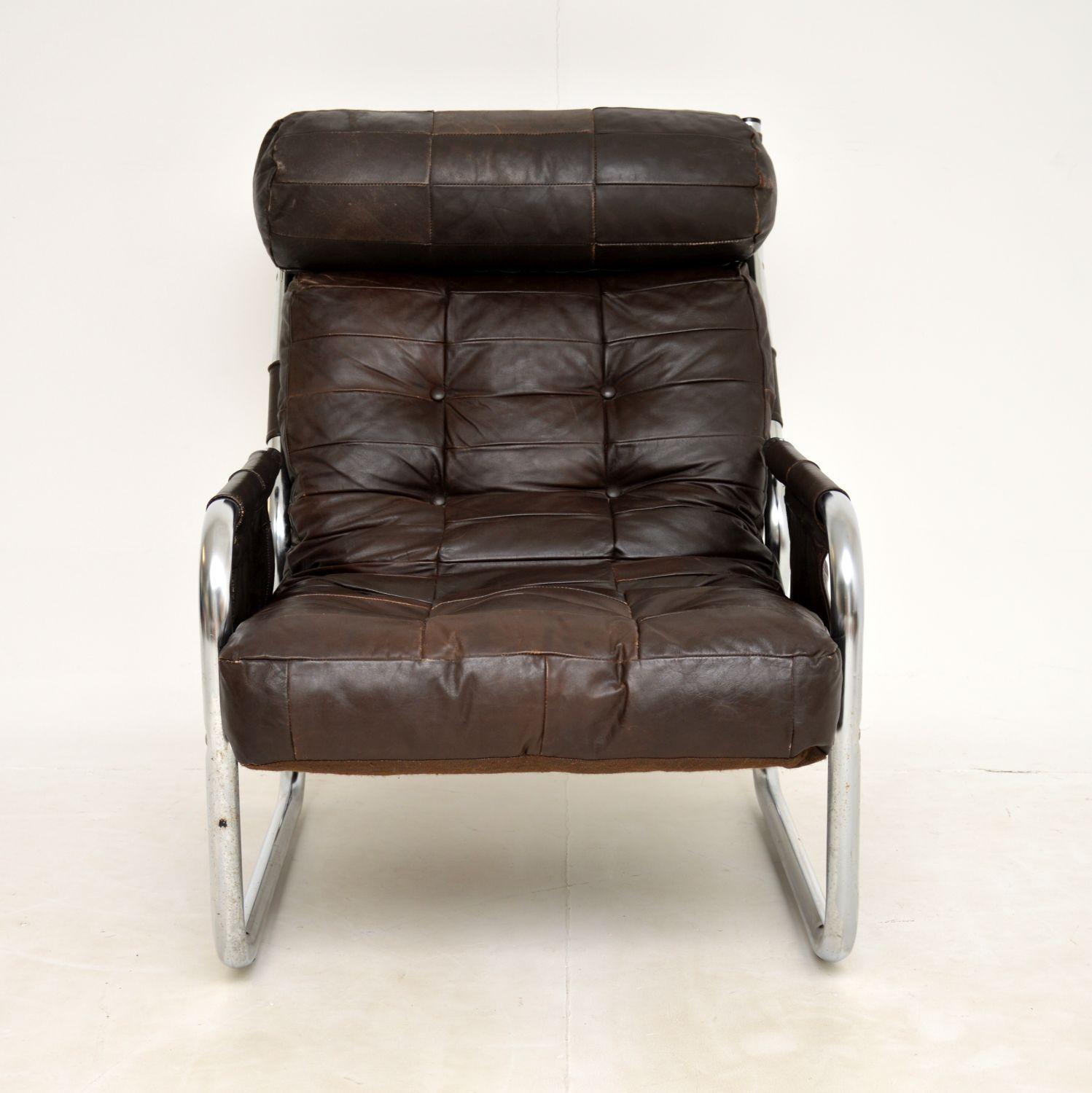 Mid-Century Modern 1960's Danish Vintage Leather & Chrome Armchair