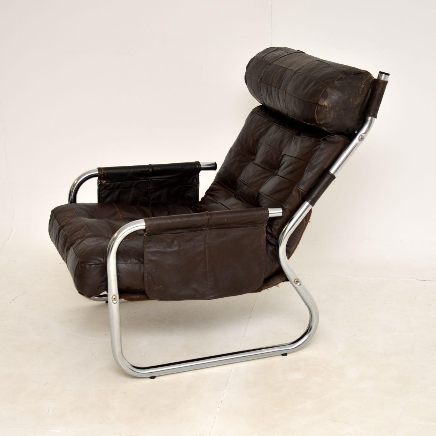 1960's Danish Vintage Leather & Chrome Armchair In Good Condition In London, GB