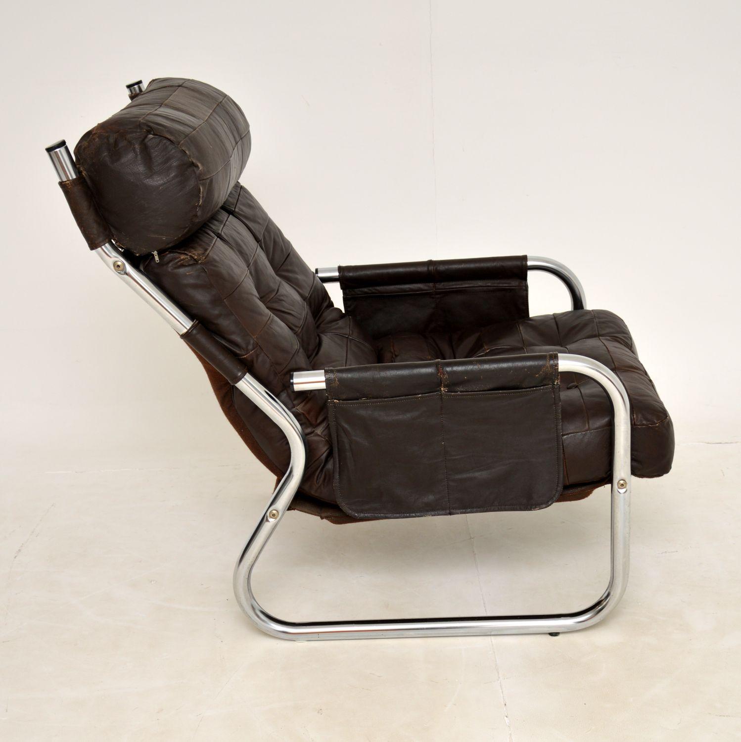 20th Century 1960's Danish Vintage Leather & Chrome Armchair