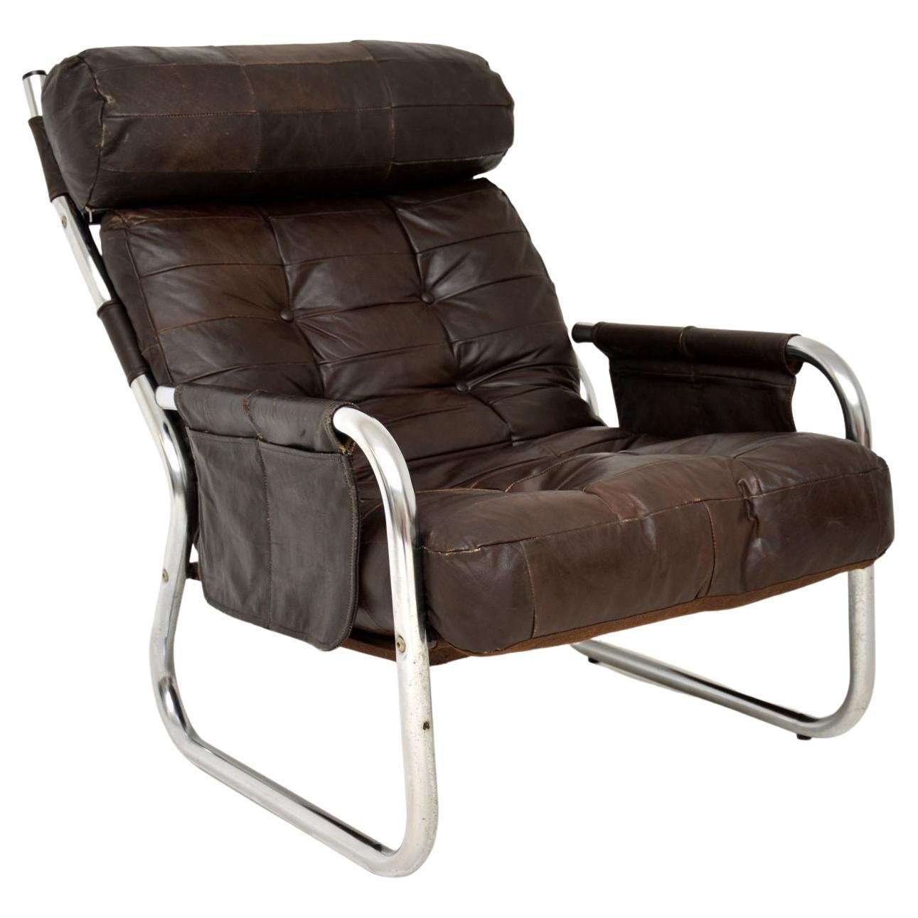 1960's Danish Vintage Leather & Chrome Armchair