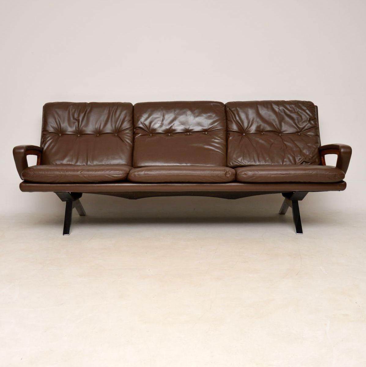 1960s Danish Vintage Leather Teak and Chrome Sofa 4