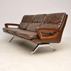 1960s Danish Vintage Leather Teak and Chrome Sofa