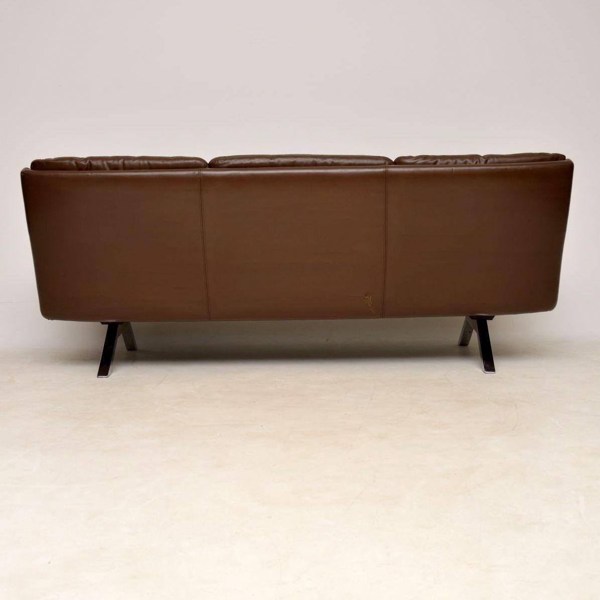 Mid-Century Modern 1960s Danish Vintage Leather Teak and Chrome Sofa