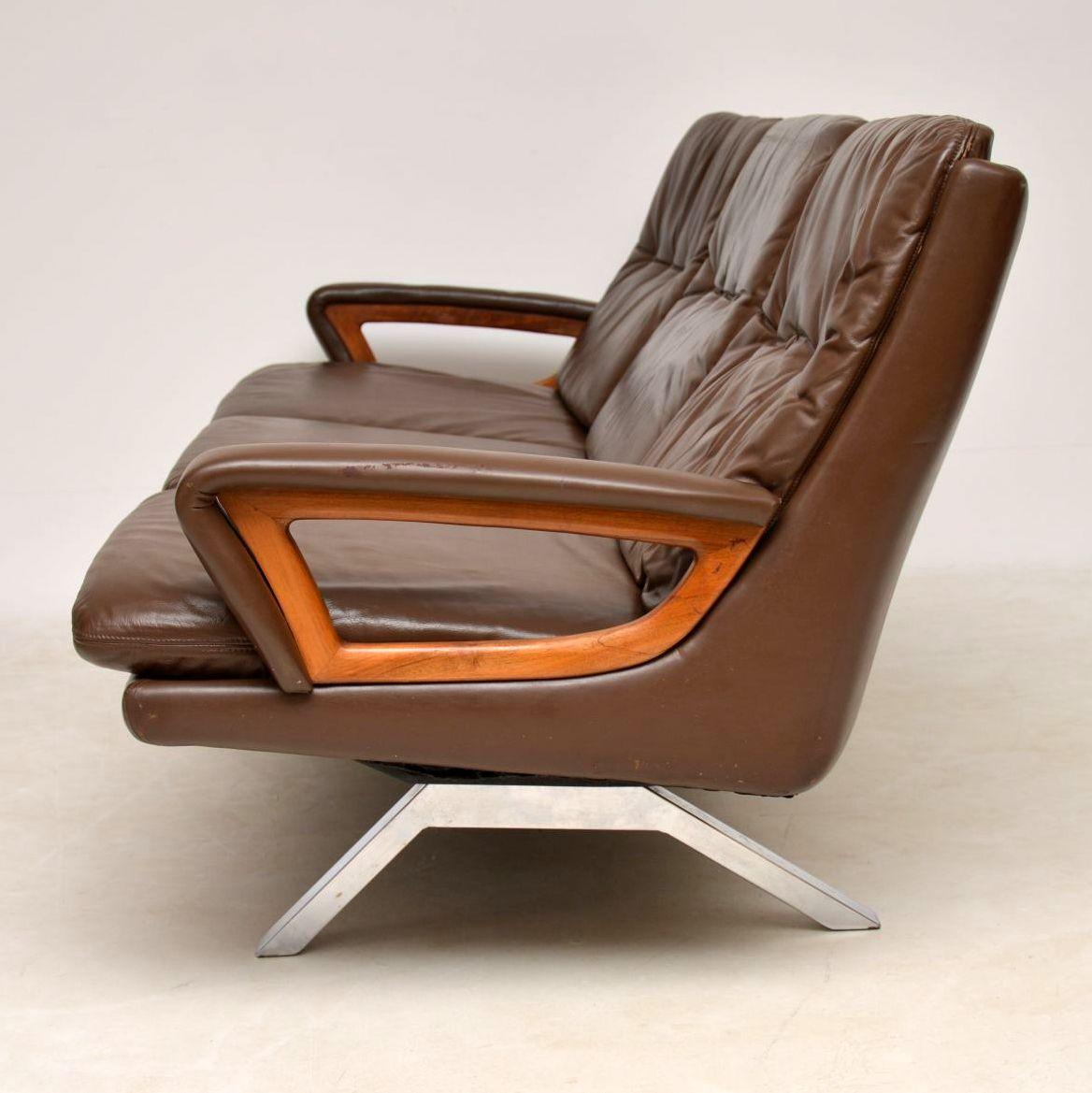 Mid-20th Century 1960s Danish Vintage Leather Teak and Chrome Sofa