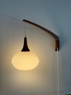 1960s Danish Walnut & Glass Swing Arm Adjustable Reading Wall Sconce Lamp