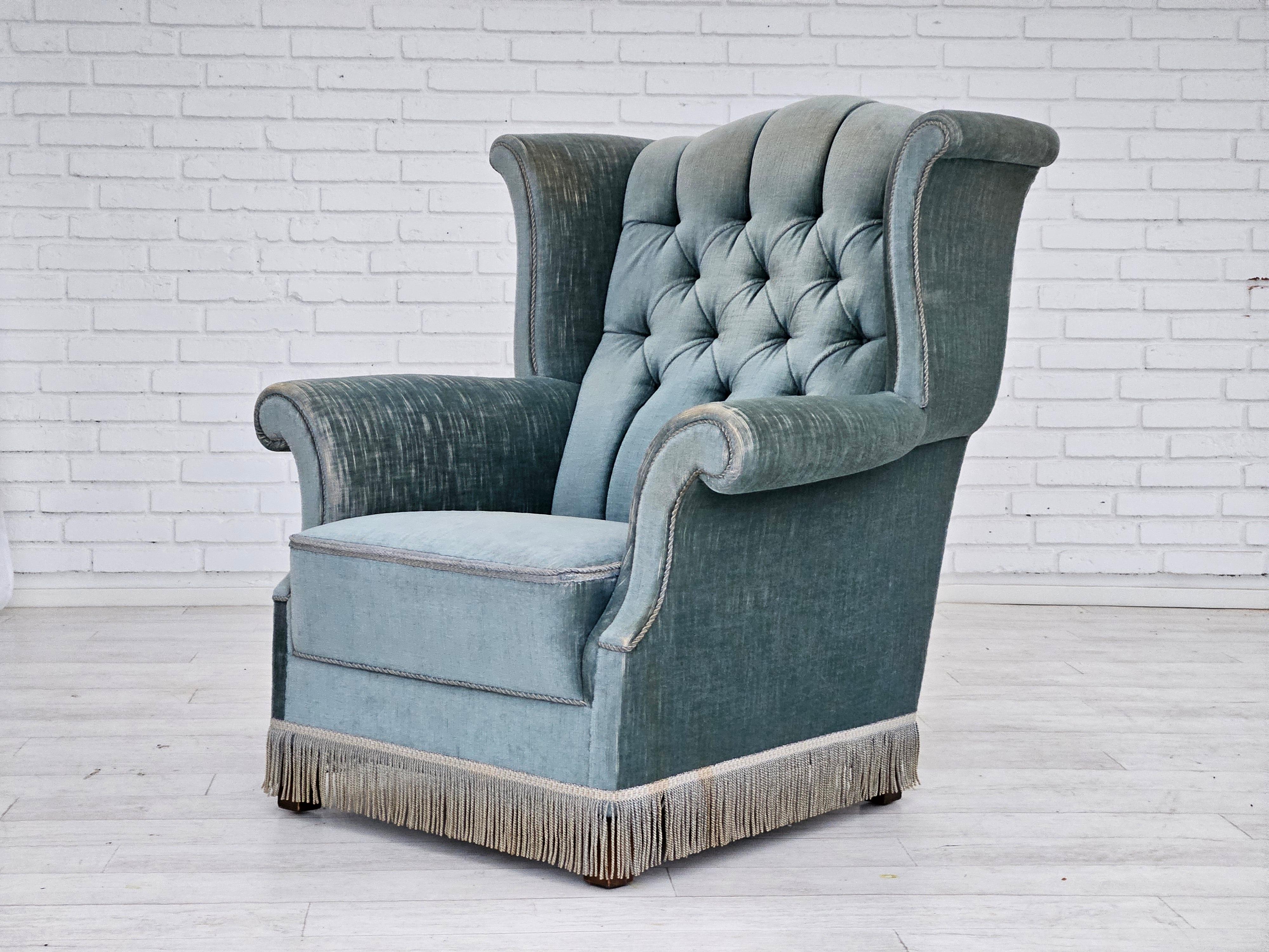 1960s, Danish wingback armchair, light blue velour, original good condition. For Sale 4