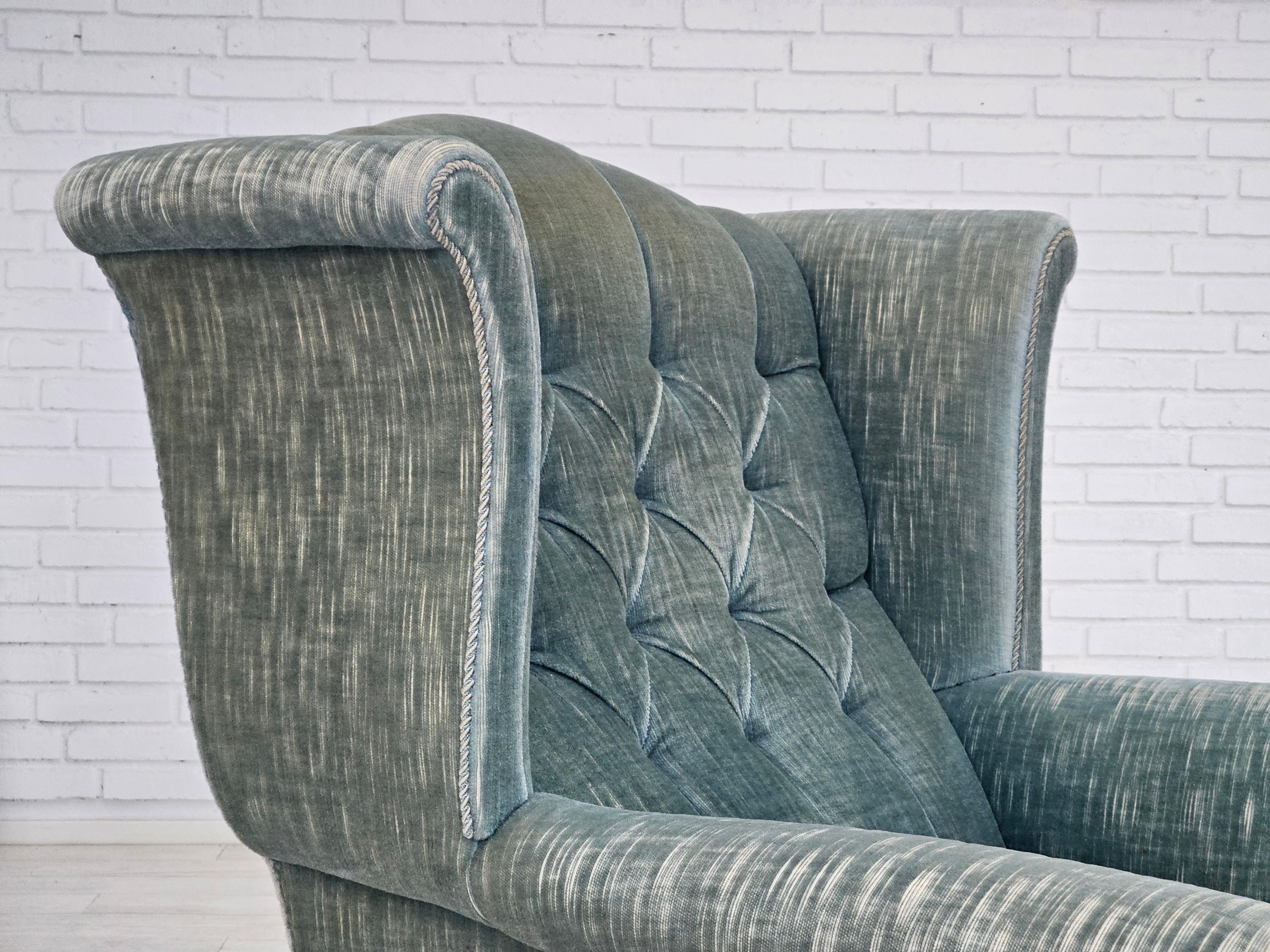 1960s, Danish wingback armchair, light blue velour, original good condition. For Sale 5