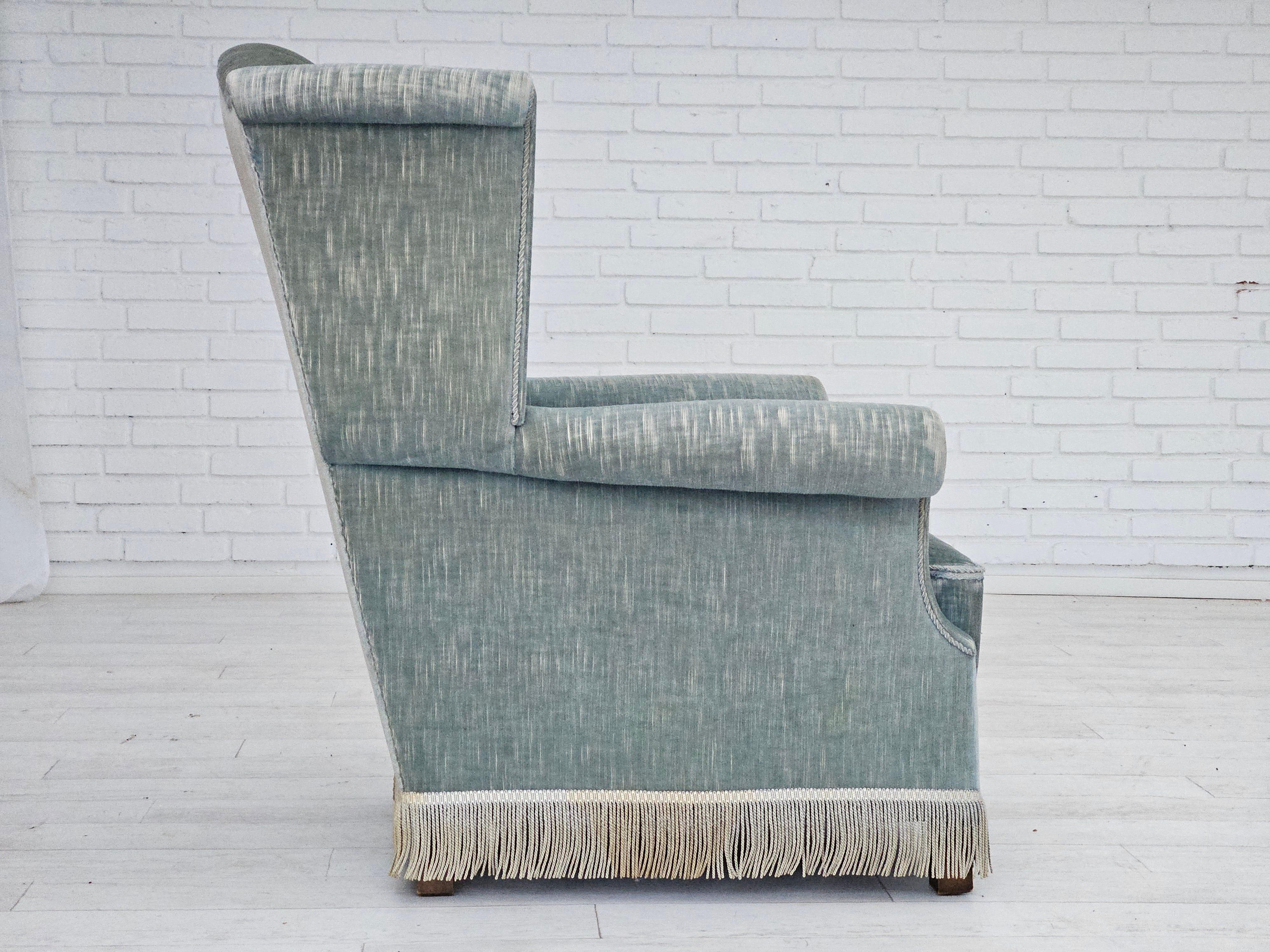 1960s, Danish wingback armchair, light blue velour, original good condition. For Sale 7