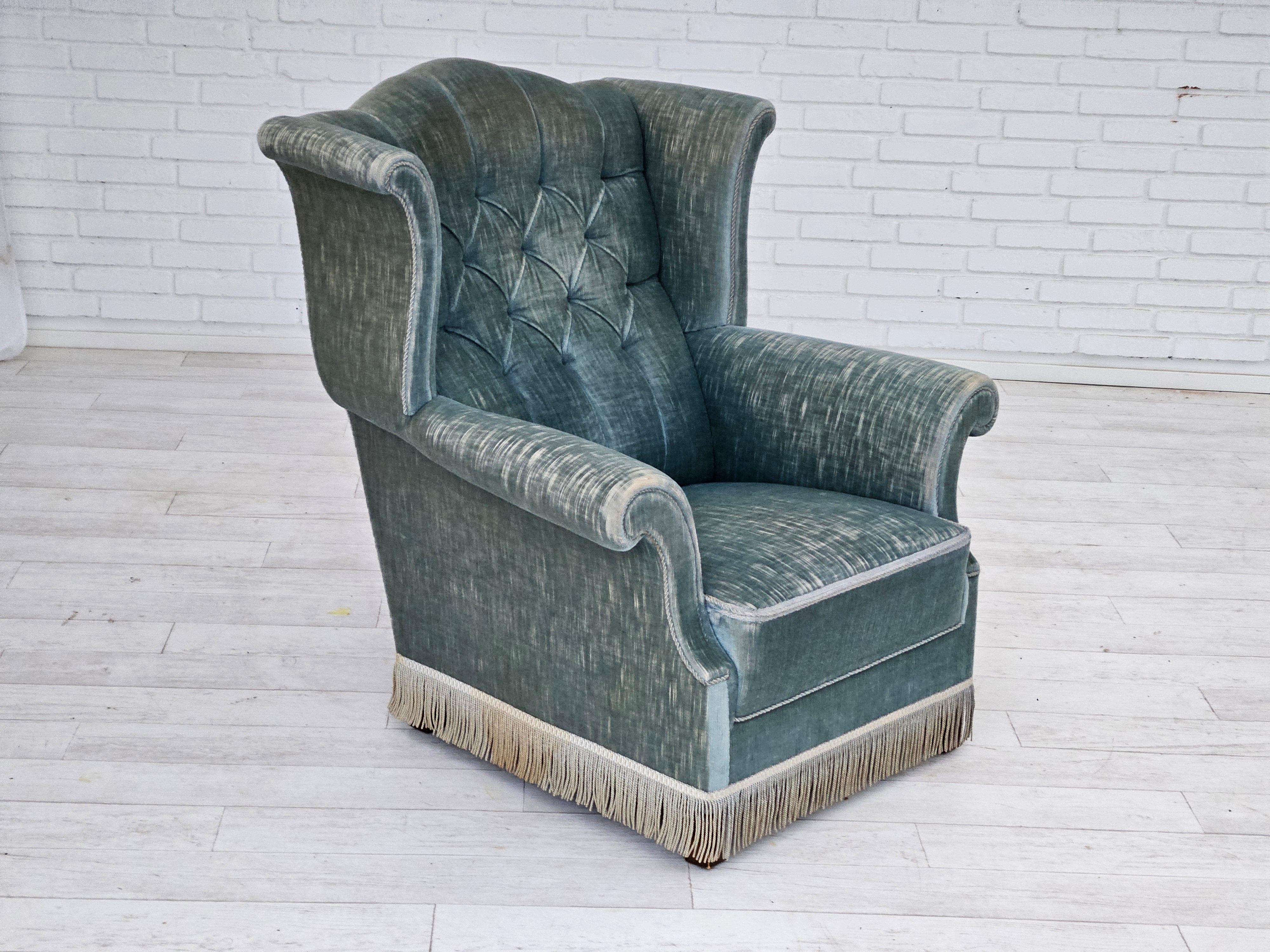 1960s, Danish wingback armchair, light blue velour, original good condition. For Sale 10
