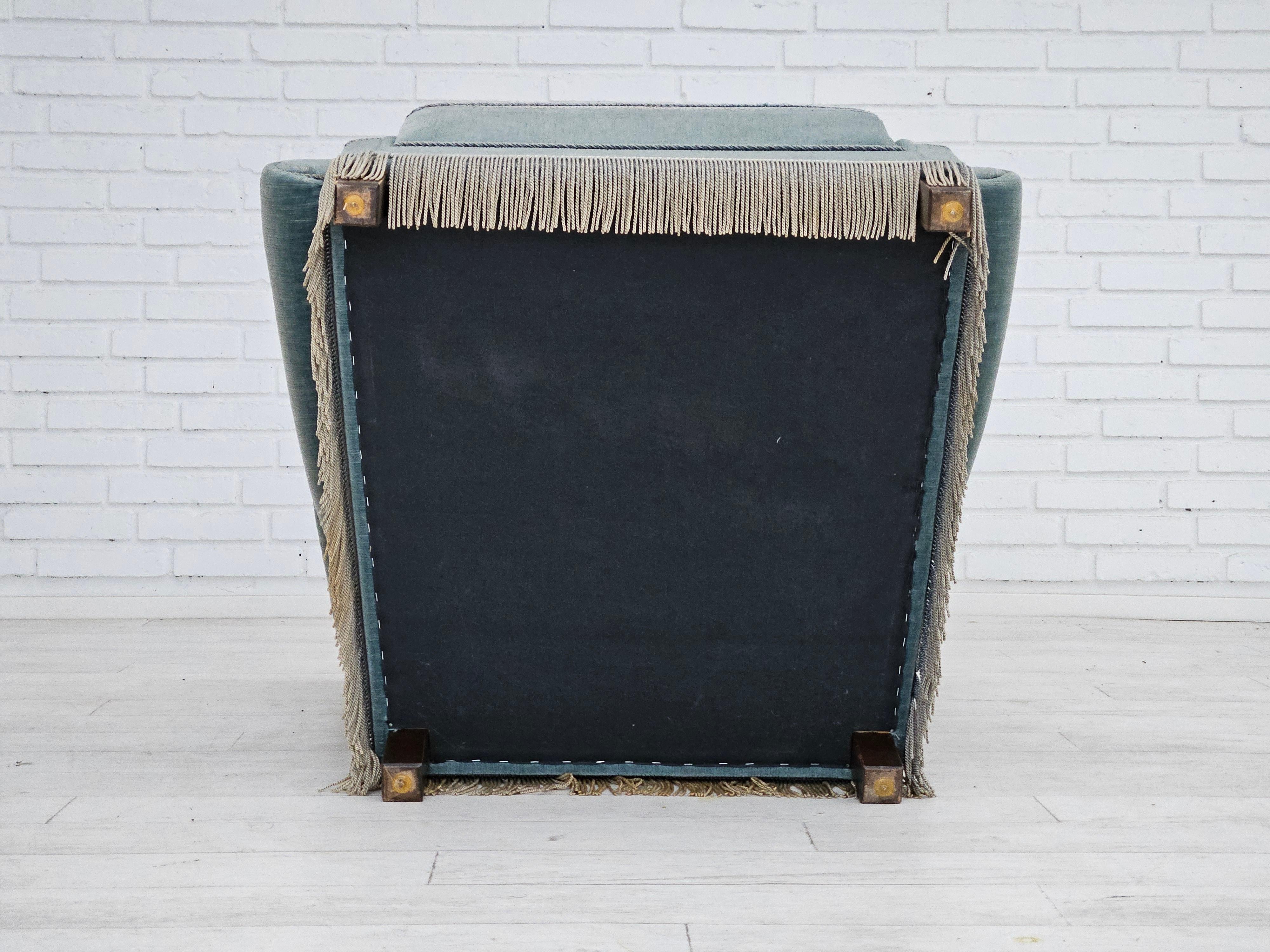 1960s, Danish wingback armchair, light blue velour, original good condition. For Sale 11