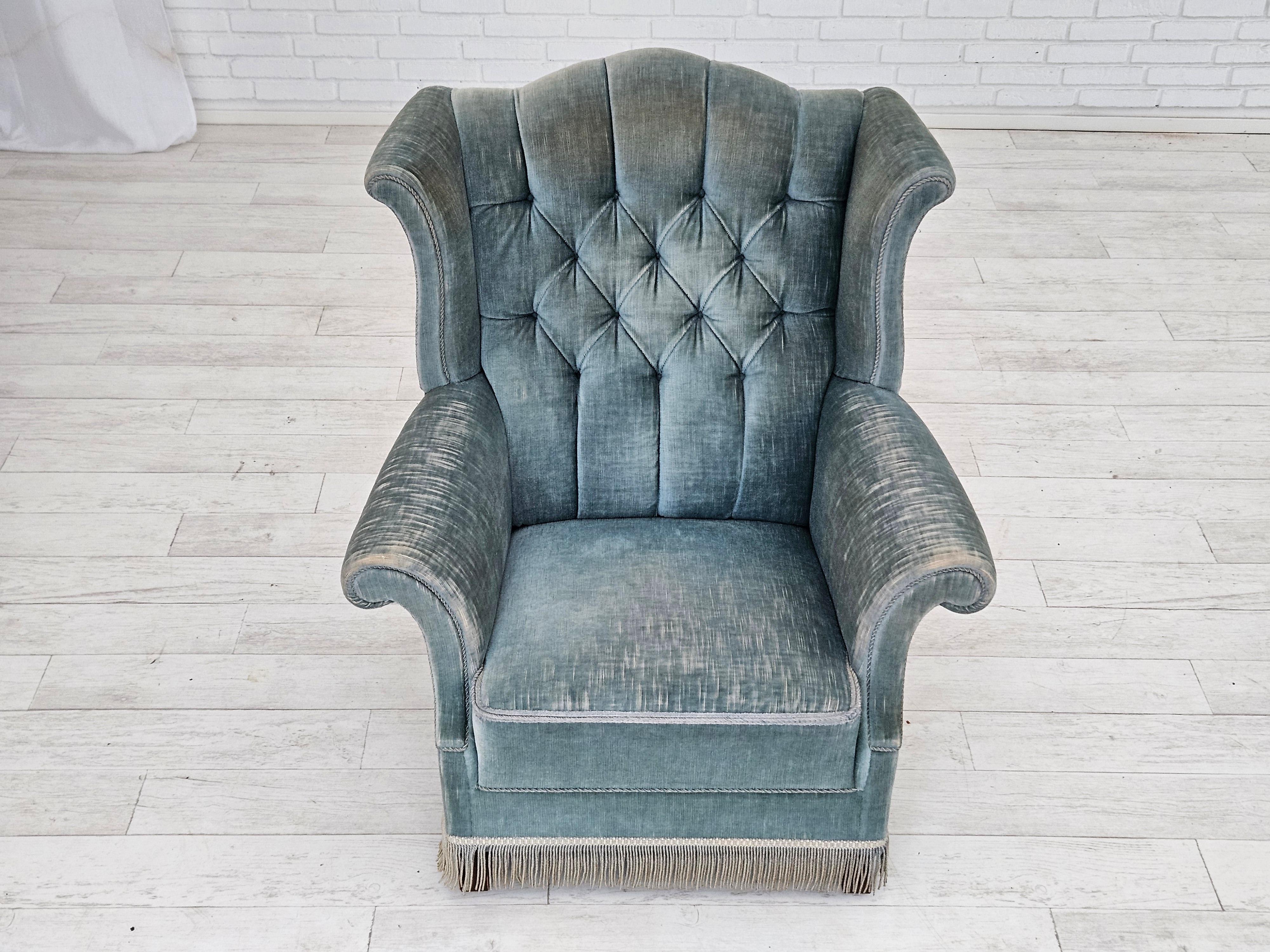 Mid-20th Century 1960s, Danish wingback armchair, light blue velour, original good condition. For Sale
