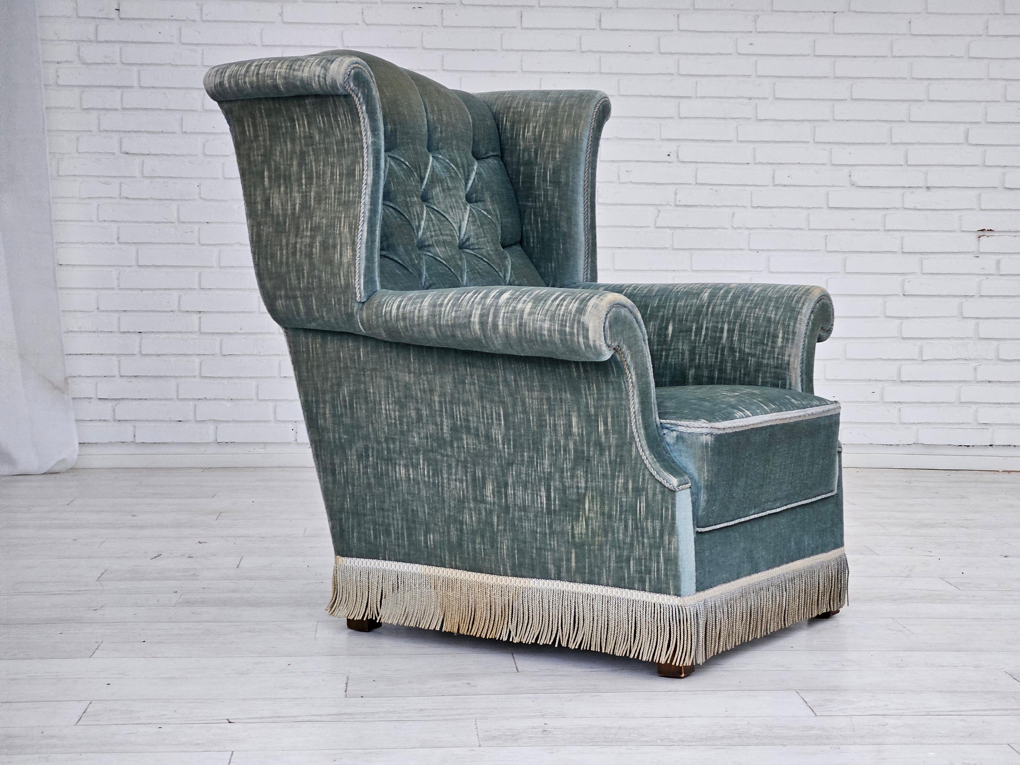 Fabric 1960s, Danish wingback armchair, light blue velour, original good condition. For Sale